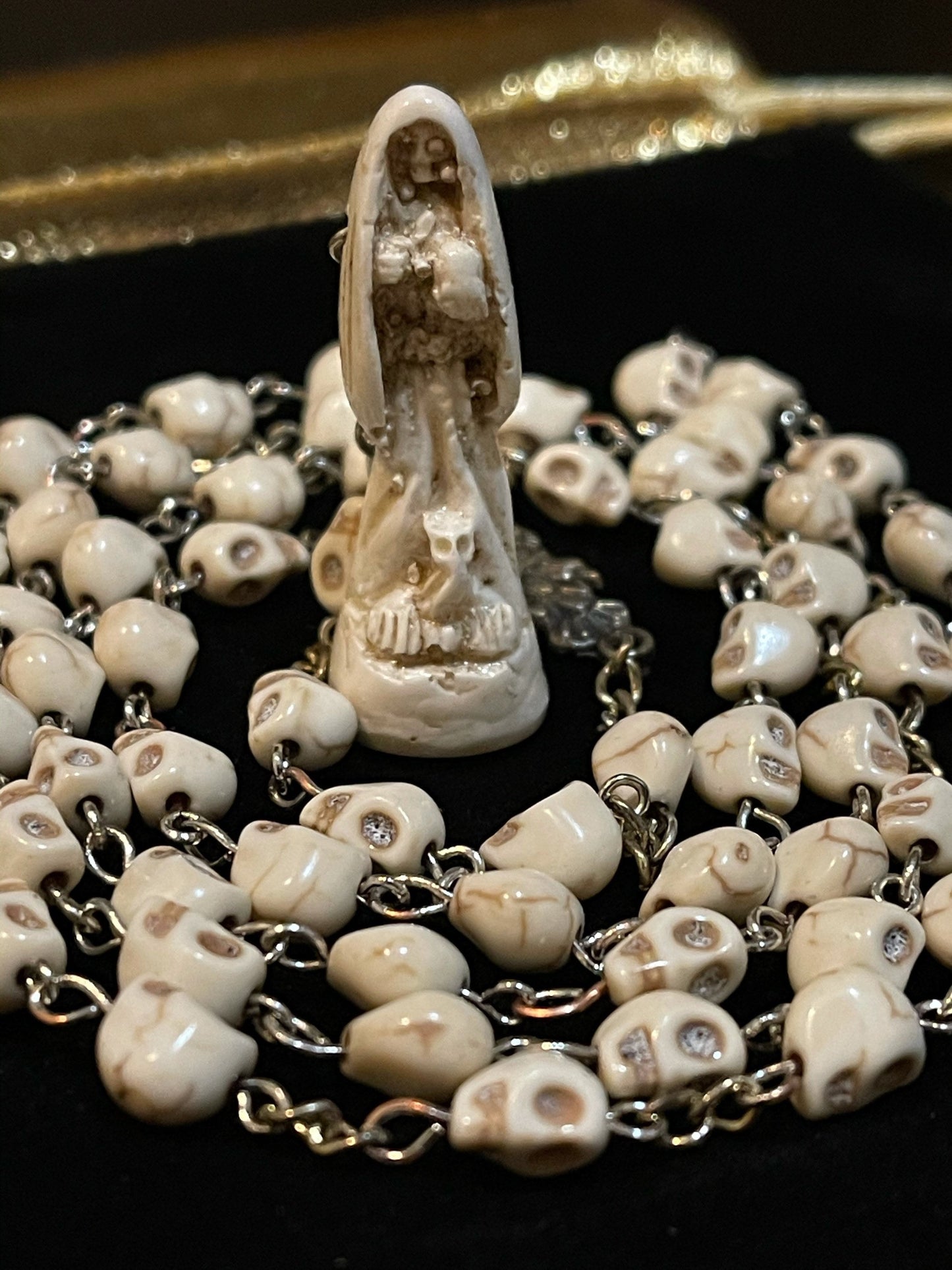 Santa Muerte Hueso (Bone) Rosary + Sterling Silver Plated Chain + Handcrafted + Blessed + Rosario