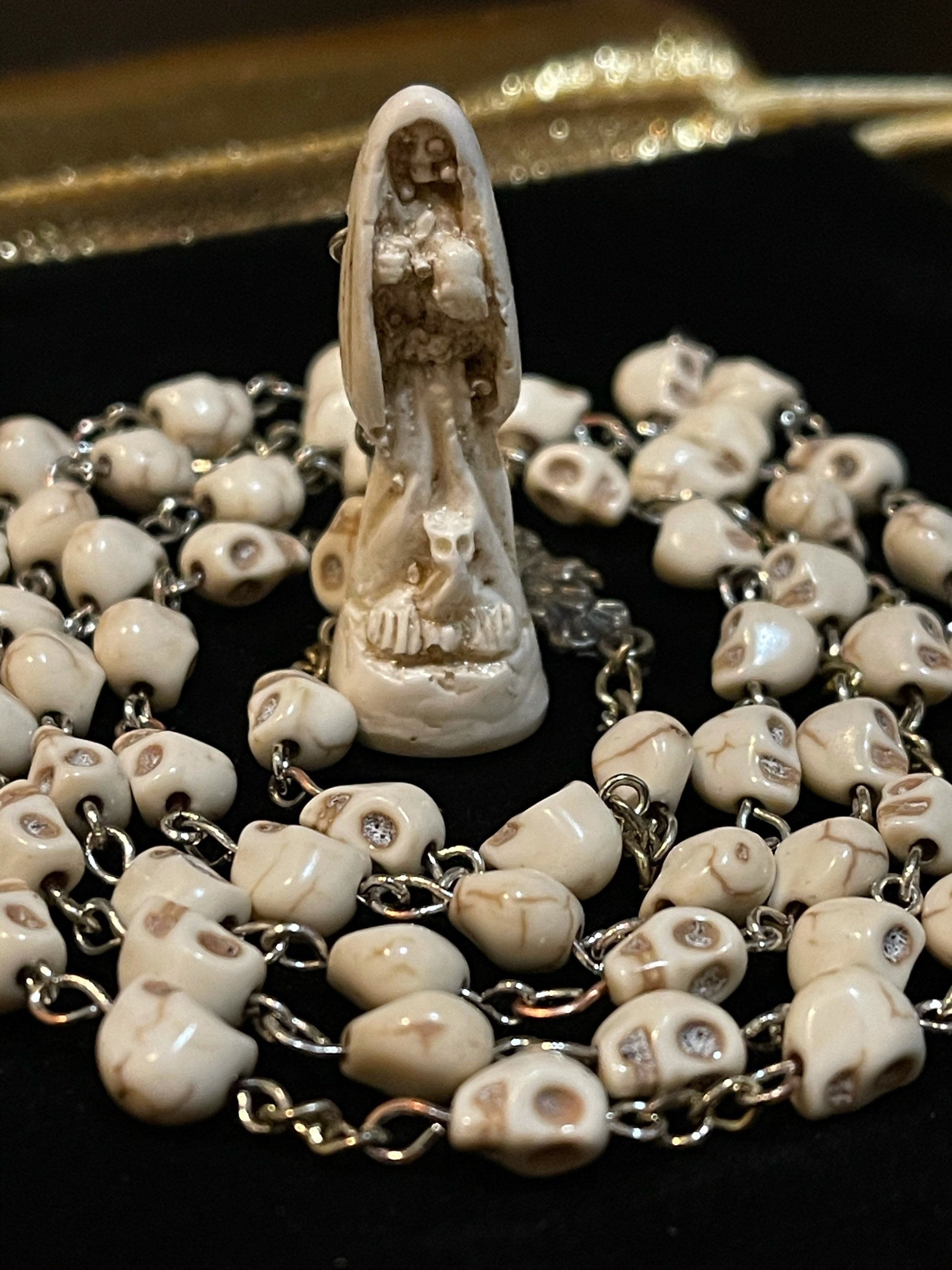 Santa Muerte Hueso (Bone) Rosary + Sterling Silver Plated Chain + Handcrafted + Blessed + Rosario