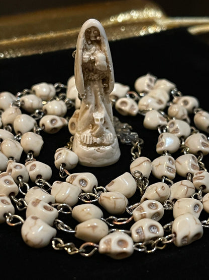 Santa Muerte Hueso (Bone) Rosary + Sterling Silver Plated Chain + Handcrafted + Blessed + Rosario