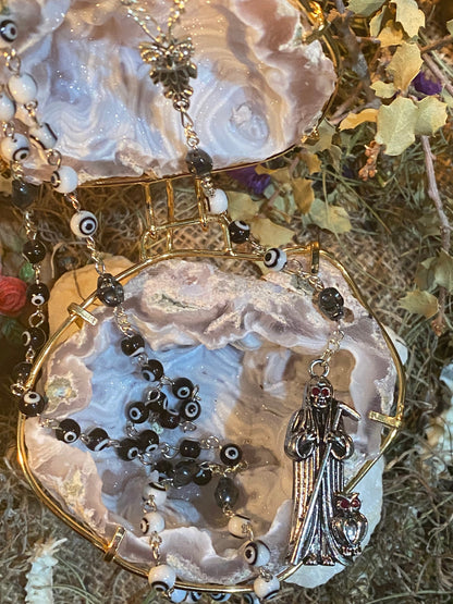 Santa Muerte Negra y Blanca Uncrossing Evil Eye Rosary + Xtreme Protection + Blessed + Sterling Silver Plated Chain + Handcrafted + Rosario