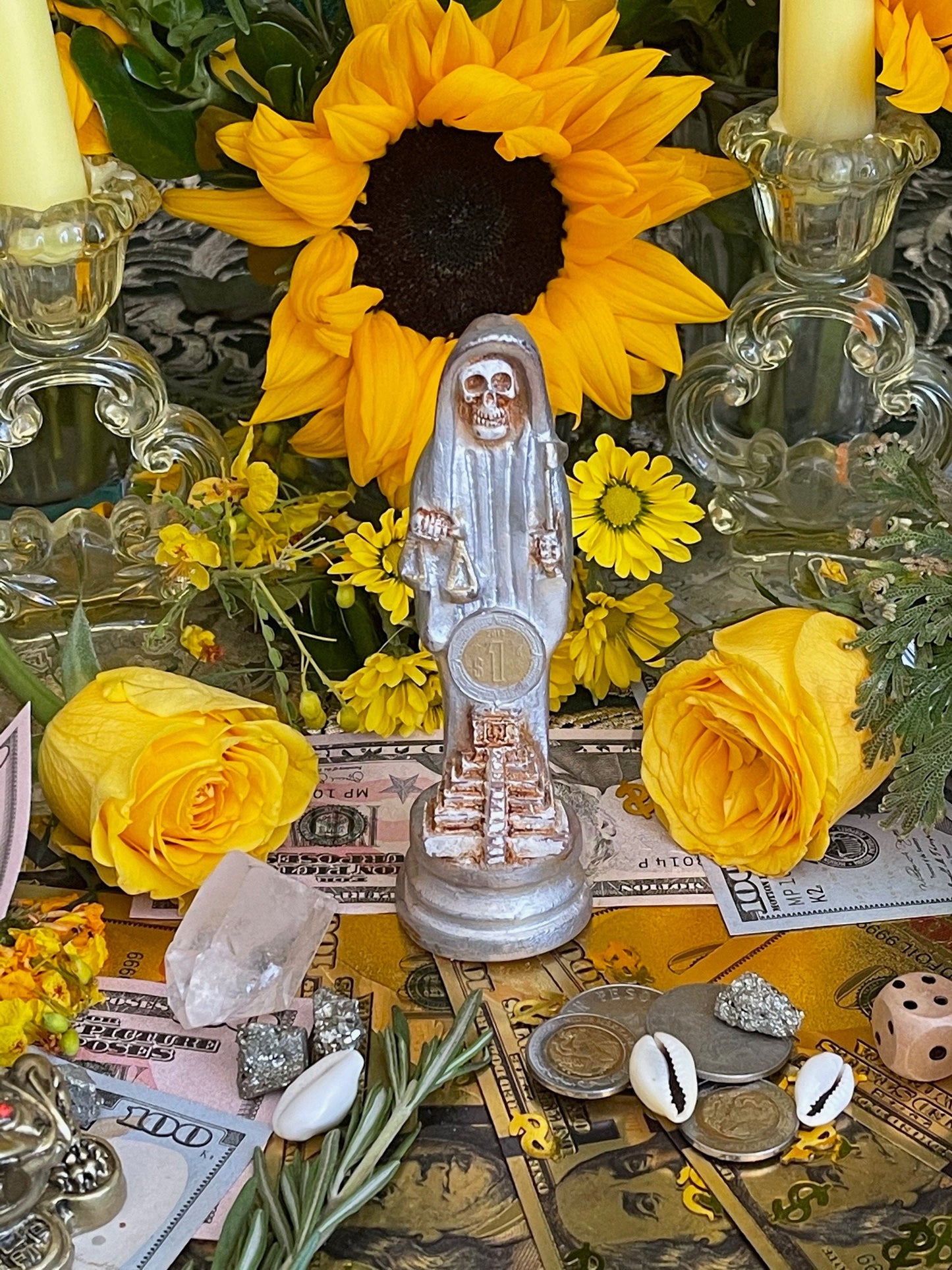 Santa Muerte Plata/Silver Statue + Baptized + Pyramid + Fixed + Made in Mexico + Money + Working with the Moon + Luck
