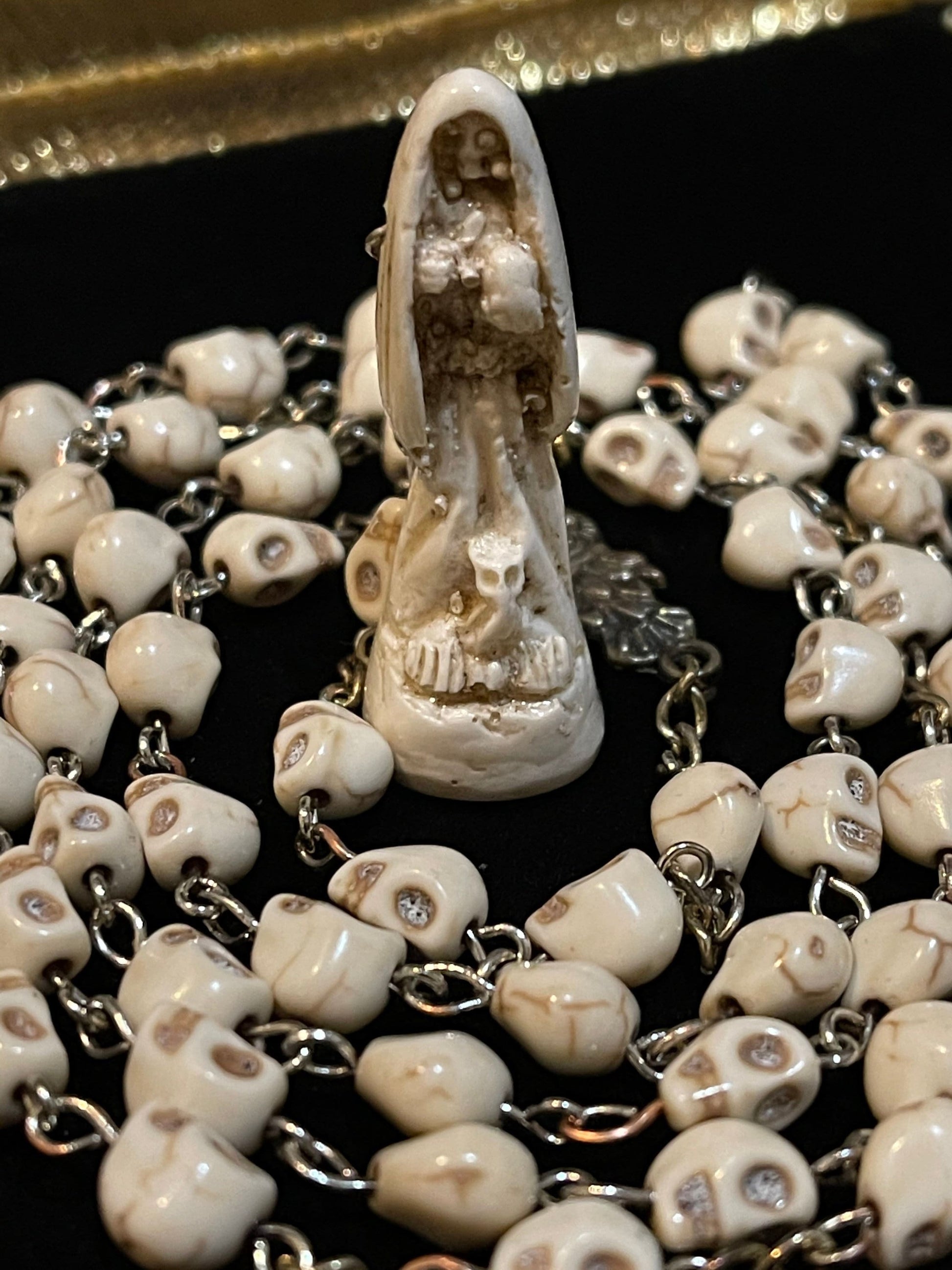Santa Muerte Hueso (Bone) Rosary + Sterling Silver Plated Chain + Handcrafted + Blessed + Rosario