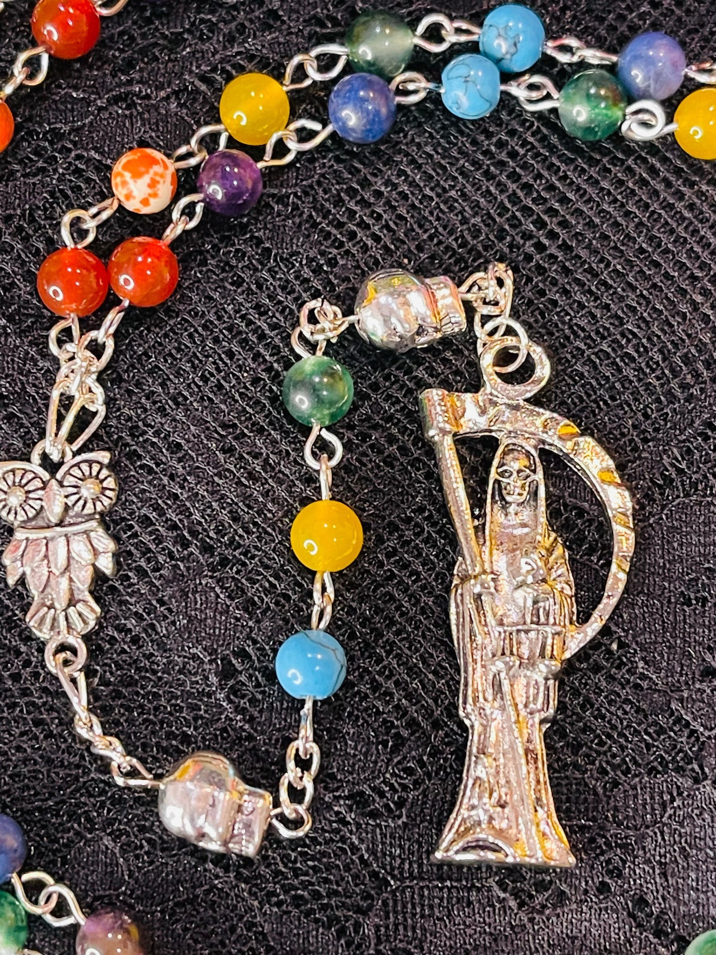 Santa Muerte Siete Colores Rosary + Blessed + Gemstone + Siete Potencias + All-Purpose + Love + Money + Luck + Sterling Silver Plated Chain
