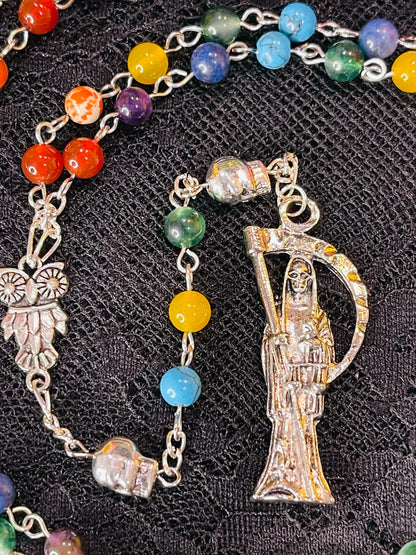 Santa Muerte Siete Colores Rosary + Blessed + Gemstone + Siete Potencias + All-Purpose + Love + Money + Luck + Sterling Silver Plated Chain
