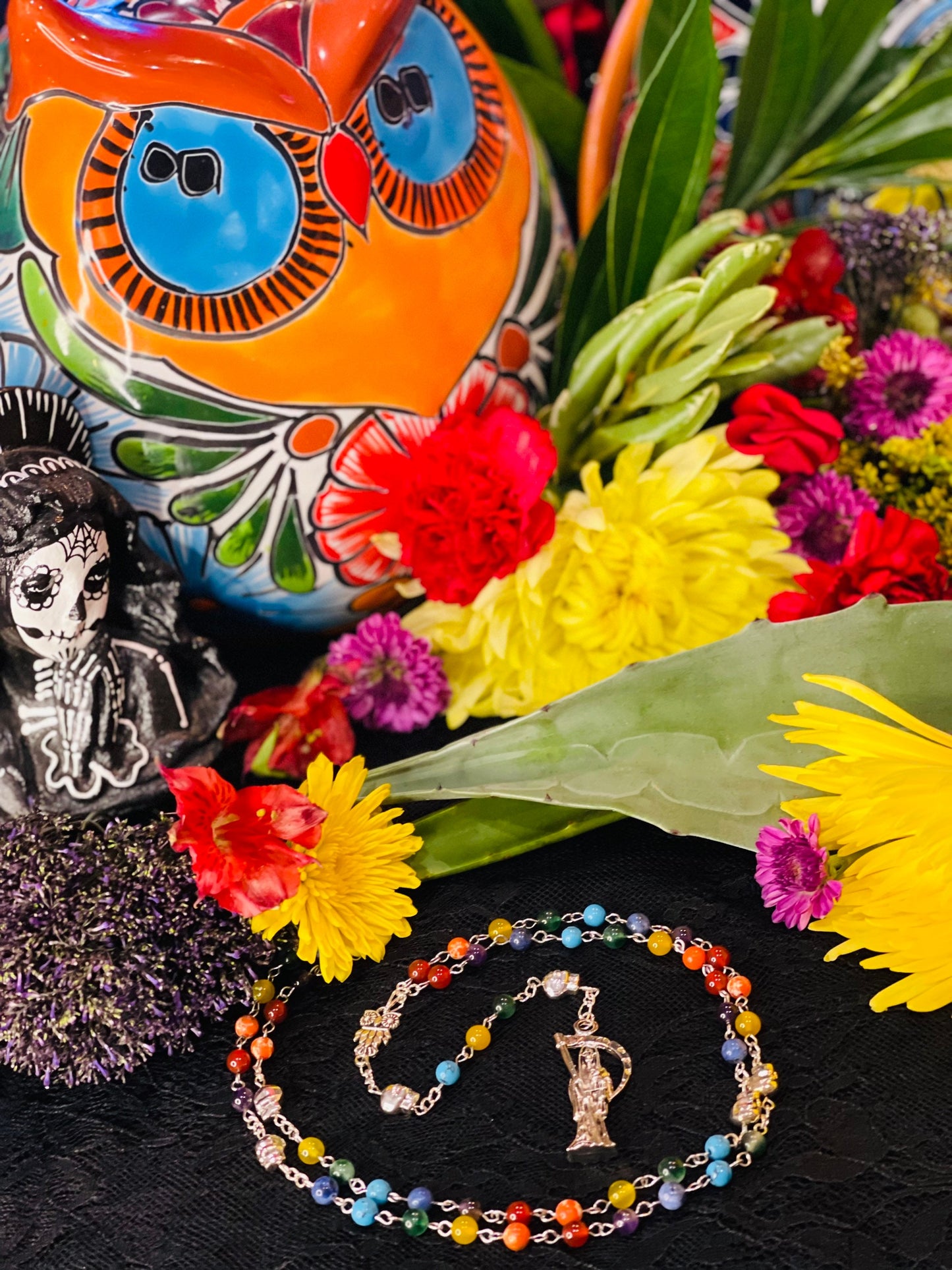 Santa Muerte Siete Colores Rosary + Blessed + Gemstone + Siete Potencias + All-Purpose + Love + Money + Luck + Sterling Silver Plated Chain