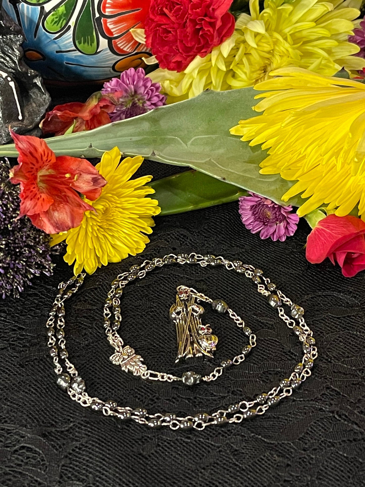 Santa Muerte Negra Hematite Rosary + Sterling Silver Plated Chain + Blessed + Handcrafted + Gemstone + Rosario