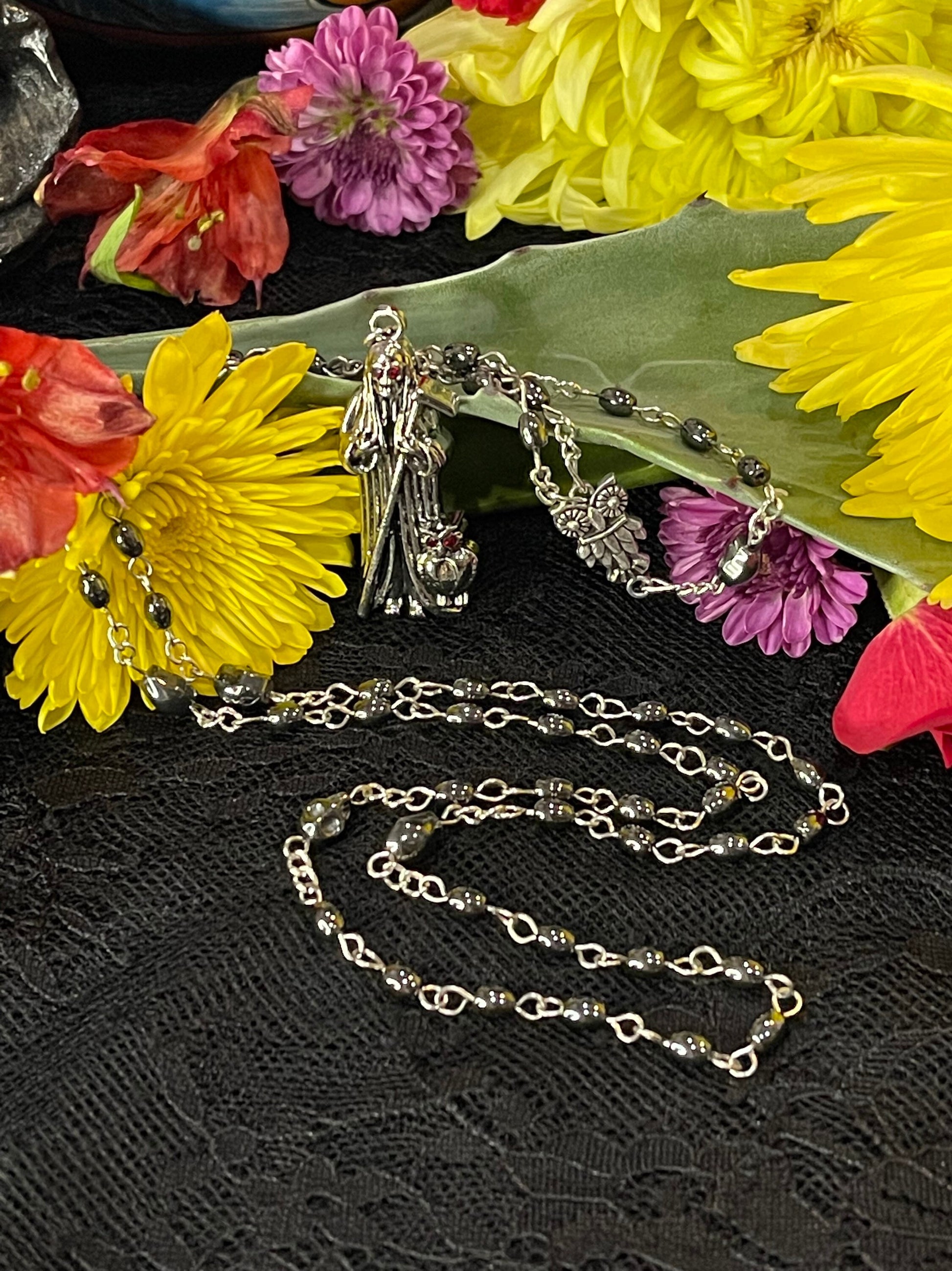 Santa Muerte Negra Hematite Rosary + Sterling Silver Plated Chain + Blessed + Handcrafted + Gemstone + Rosario