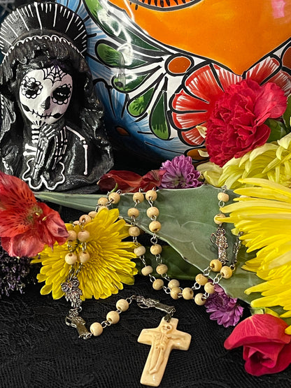 Santa Muerte Rosary with Bone Beads & Cross + Hueso + Blessed + Sterling Silver Plated Chain + Handcrafted + Rosario