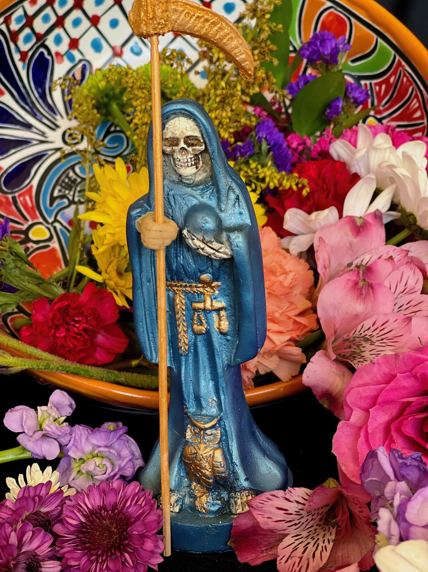 Santa Muerte Azul / Blue Statue with Dress + 24K Gold + Baptized + Fixed + Made in Mexico