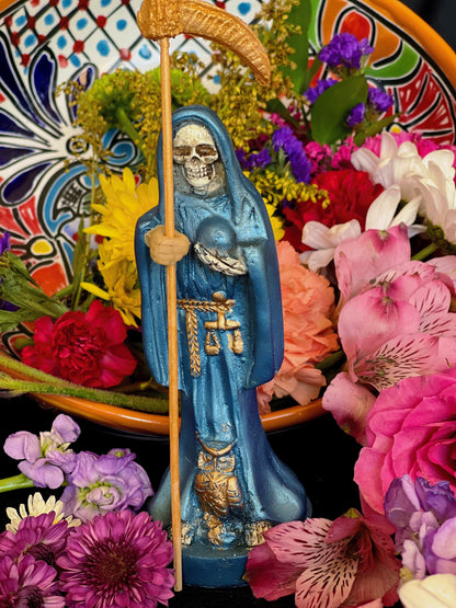Santa Muerte Azul / Blue Statue with Dress + 24K Gold + Baptized + Fixed + Made in Mexico