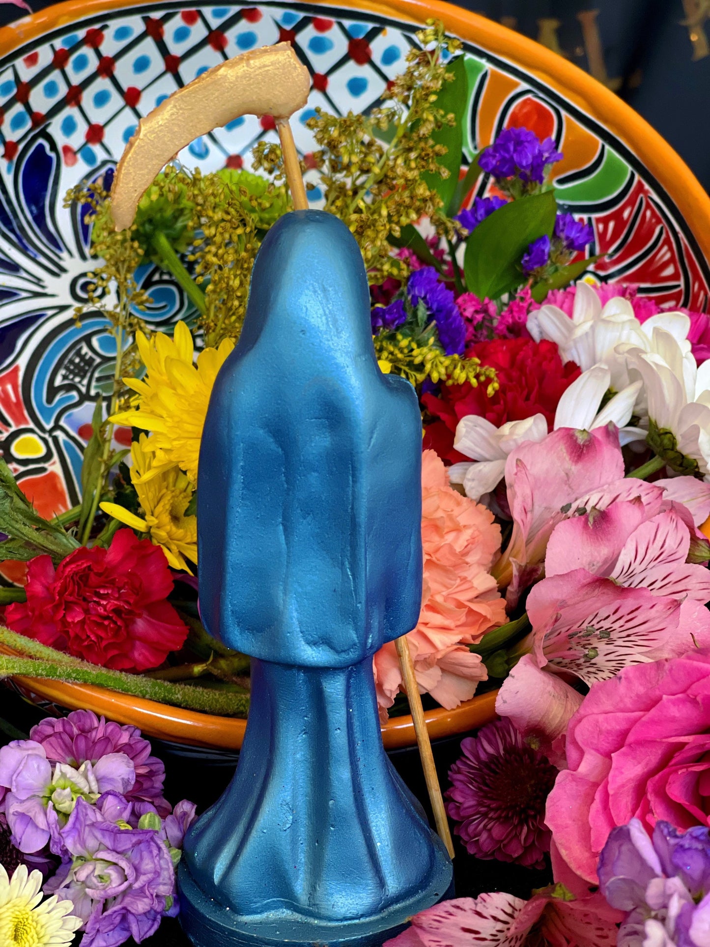 Santa Muerte Azul / Blue Statue with Dress + 24K Gold + Baptized + Fixed + Made in Mexico