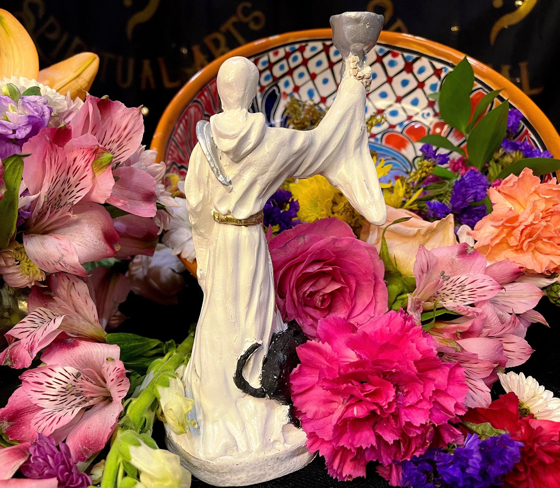 Santa Muerte Blanca Chalice & Black Cat Statue + Sterling Silver + Baptized + Fixed + Made in Mexico + Gato Negro