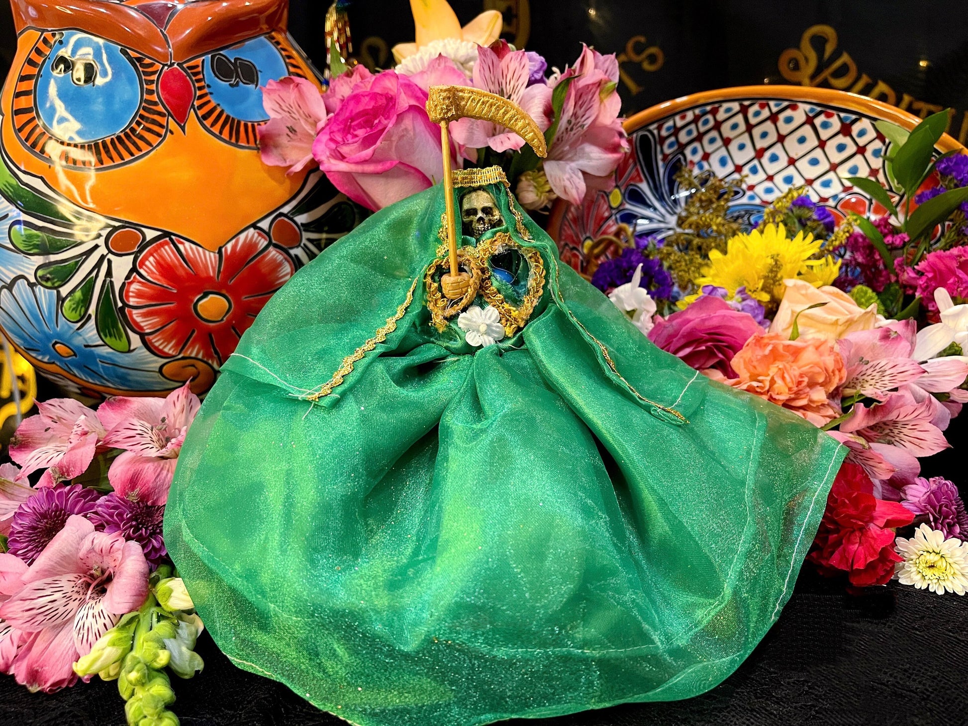 Santa Muerte Verde Statue with Dress + Green + Money + Legal Issues + Justice + Baptized + Fixed + Made in Mexico + 24K Gold Leaf on Scythe
