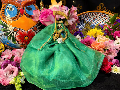 Santa Muerte Verde Statue with Dress + Green + Money + Legal Issues + Justice + Baptized + Fixed + Made in Mexico + 24K Gold Leaf on Scythe