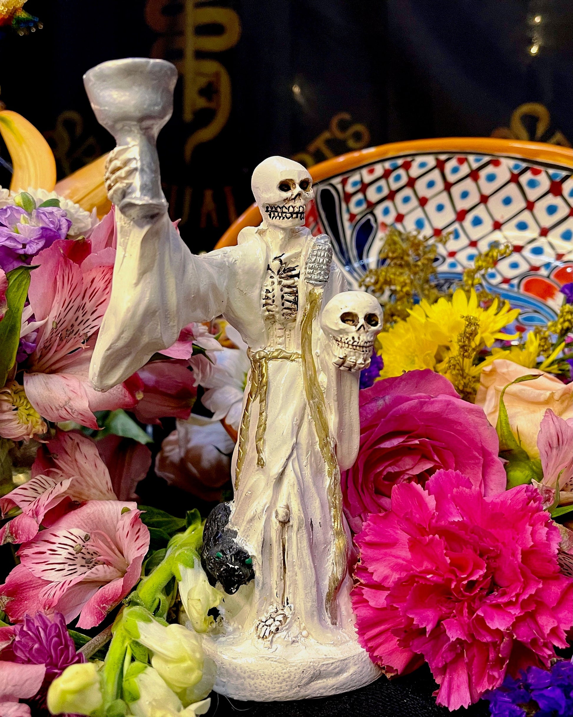 Santa Muerte Blanca Chalice & Black Cat Statue + Sterling Silver + Baptized + Fixed + Made in Mexico + Gato Negro