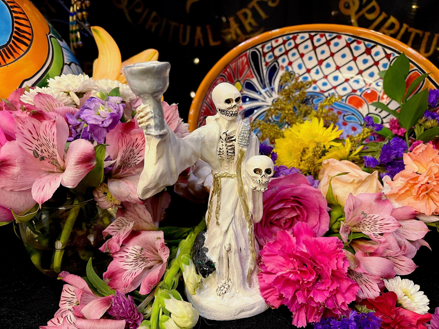 Santa Muerte Blanca Chalice & Black Cat Statue + Sterling Silver + Baptized + Fixed + Made in Mexico + Gato Negro