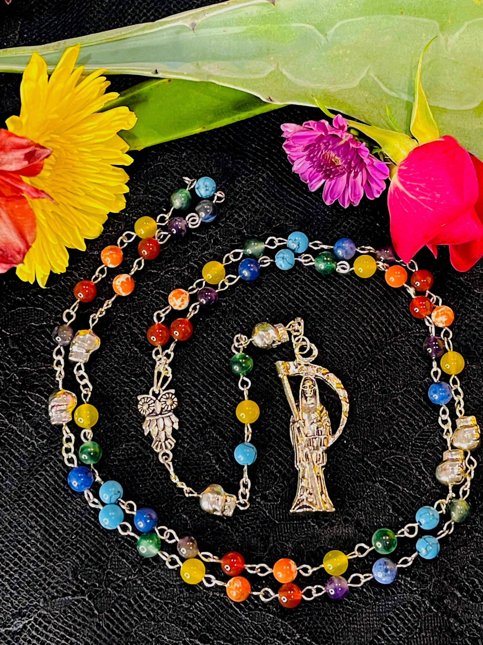 Santa Muerte Siete Colores Rosary + Blessed + Gemstone + Siete Potencias + All-Purpose + Love + Money + Luck + Sterling Silver Plated Chain