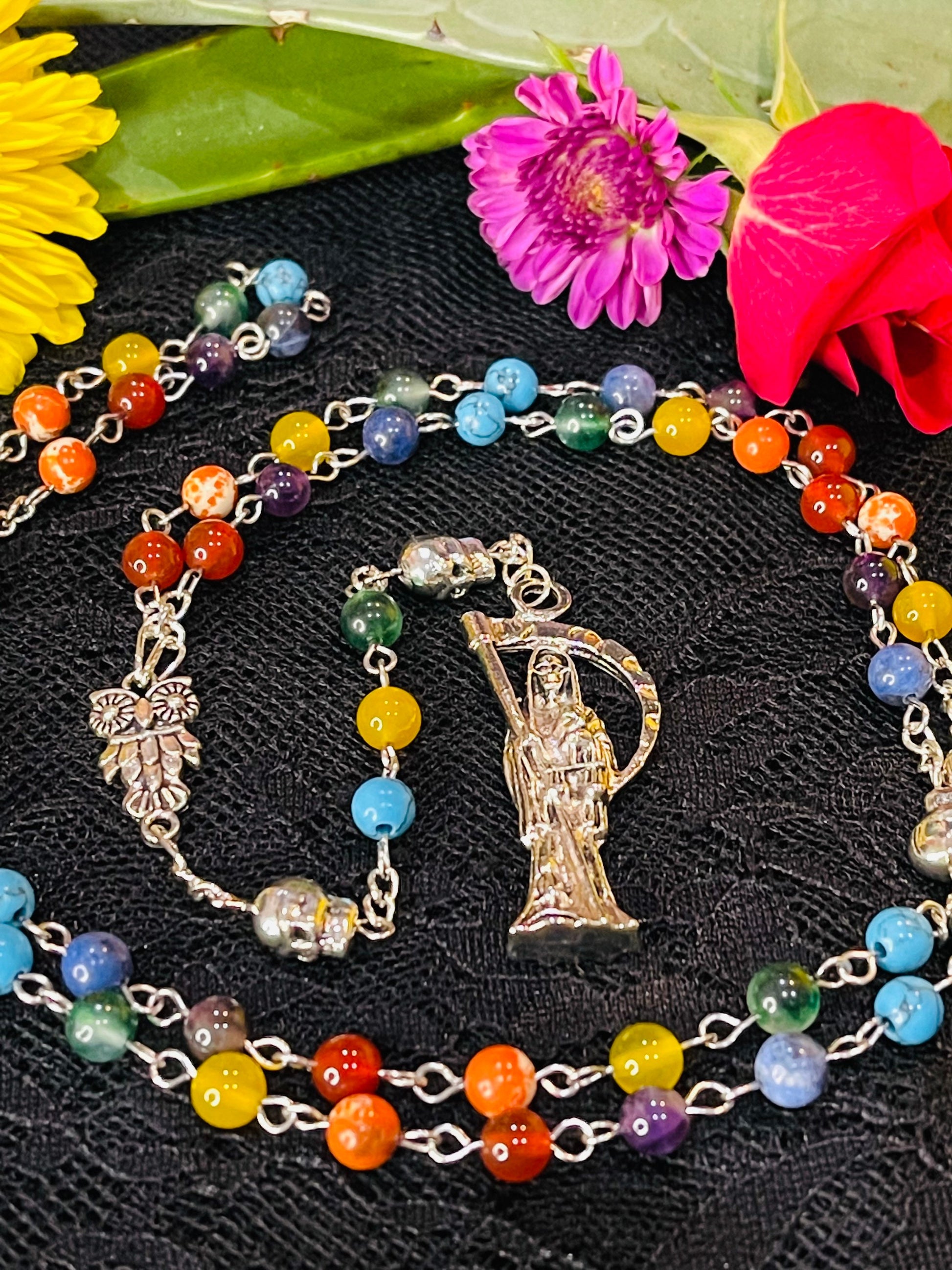 Santa Muerte Siete Colores Rosary + Blessed + Gemstone + Siete Potencias + All-Purpose + Love + Money + Luck + Sterling Silver Plated Chain