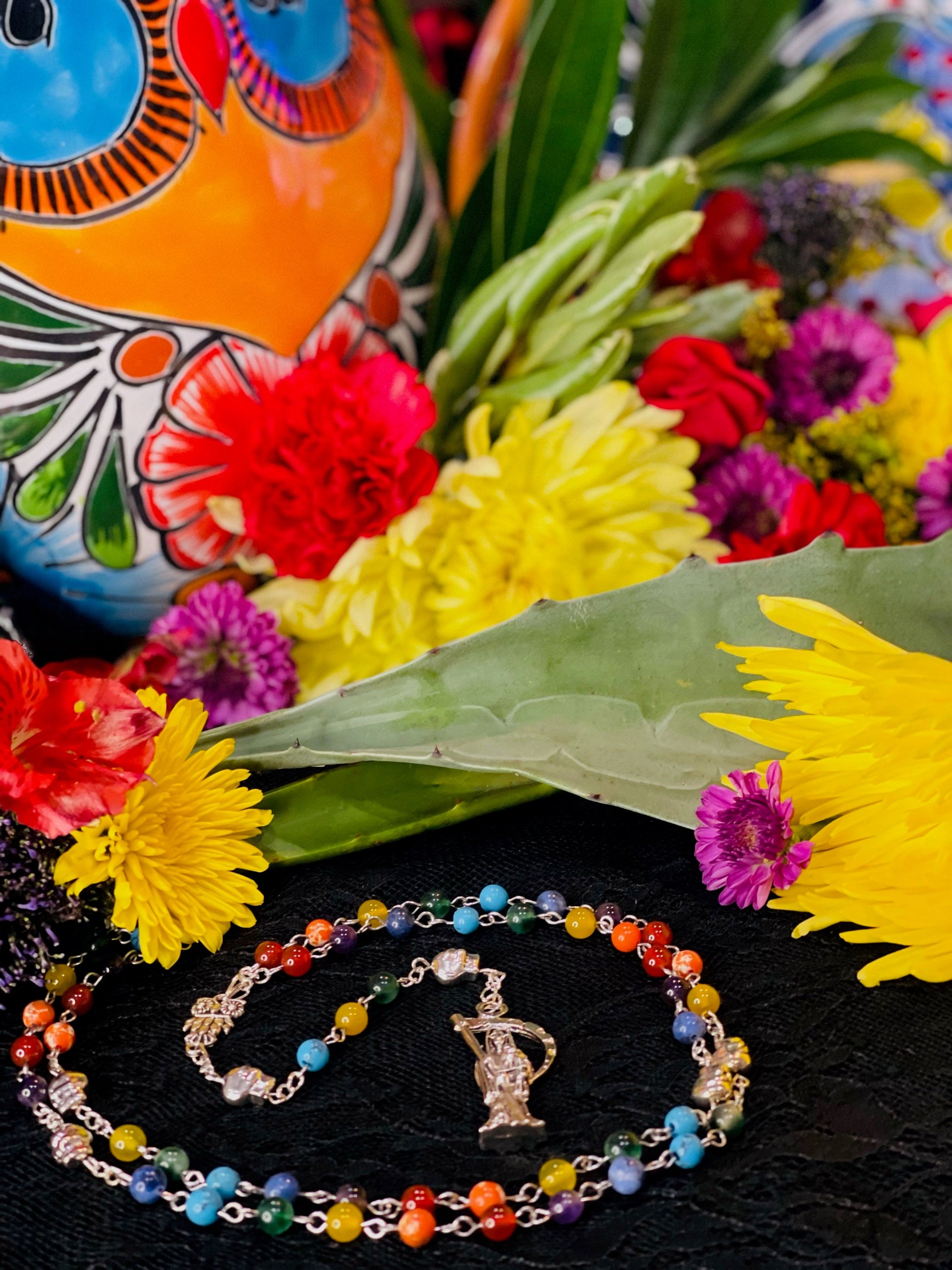 Santa Muerte Siete Colores Rosary + Blessed + Gemstone + Siete Potencias + All-Purpose + Love + Money + Luck + Sterling Silver Plated Chain