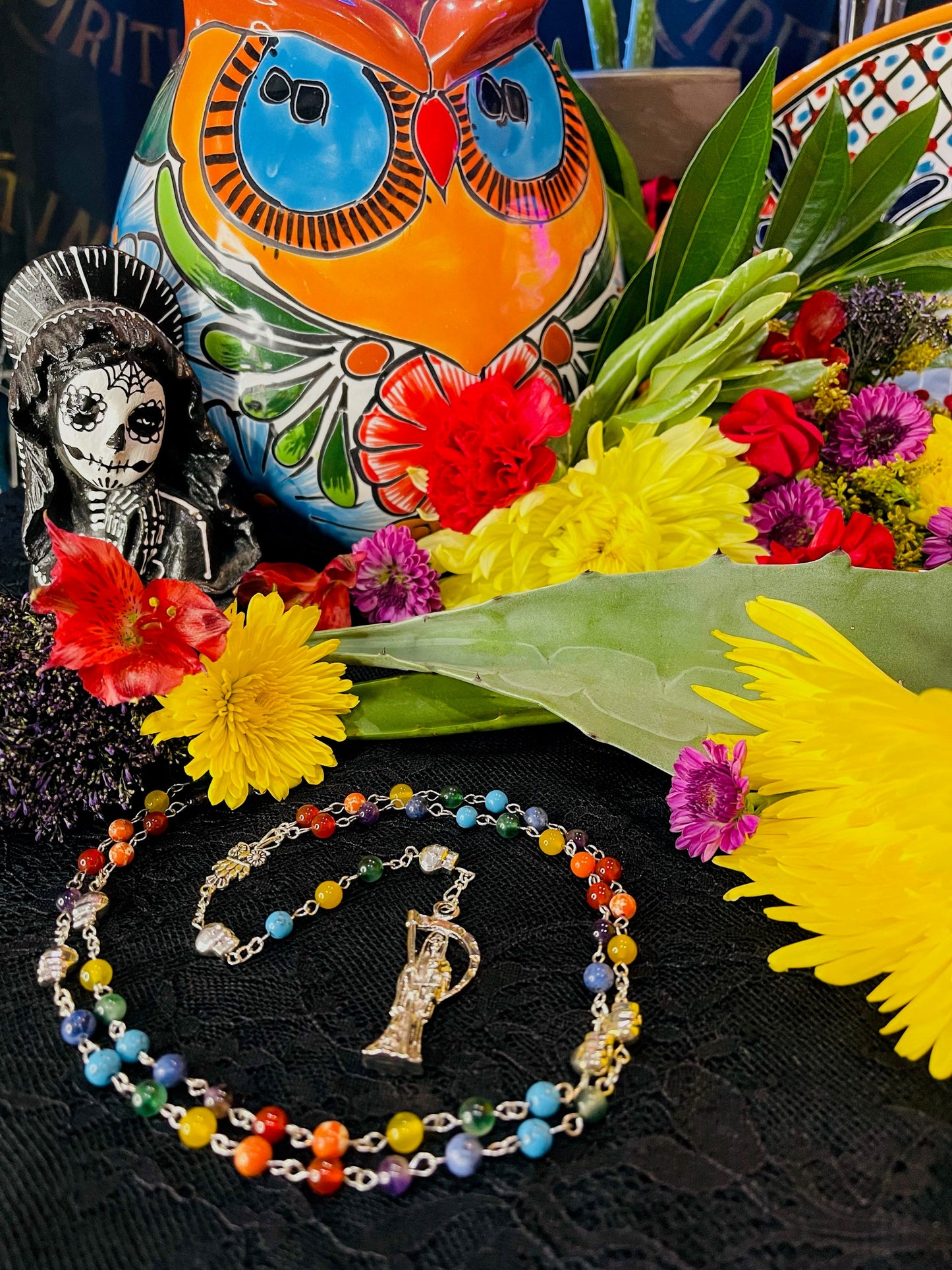 Santa Muerte Siete Colores Rosary + Blessed + Gemstone + Siete Potencias + All-Purpose + Love + Money + Luck + Sterling Silver Plated Chain
