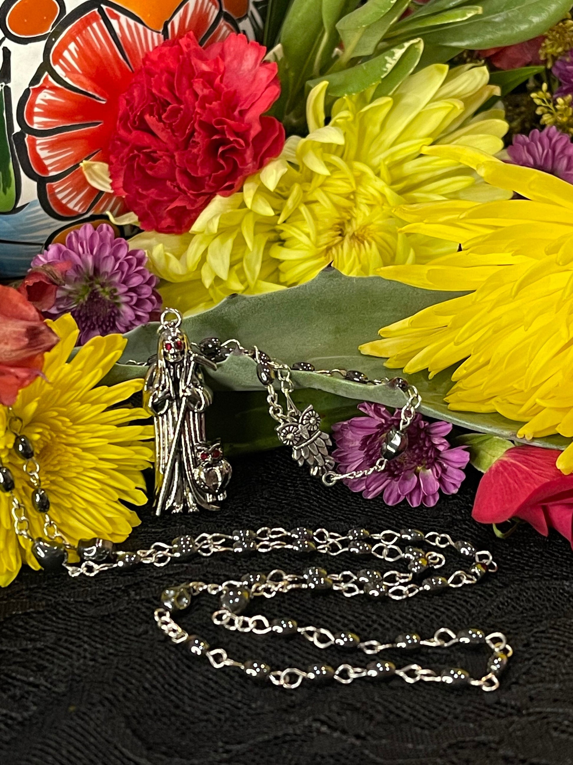 Santa Muerte Negra Hematite Rosary + Sterling Silver Plated Chain + Blessed + Handcrafted + Gemstone + Rosario