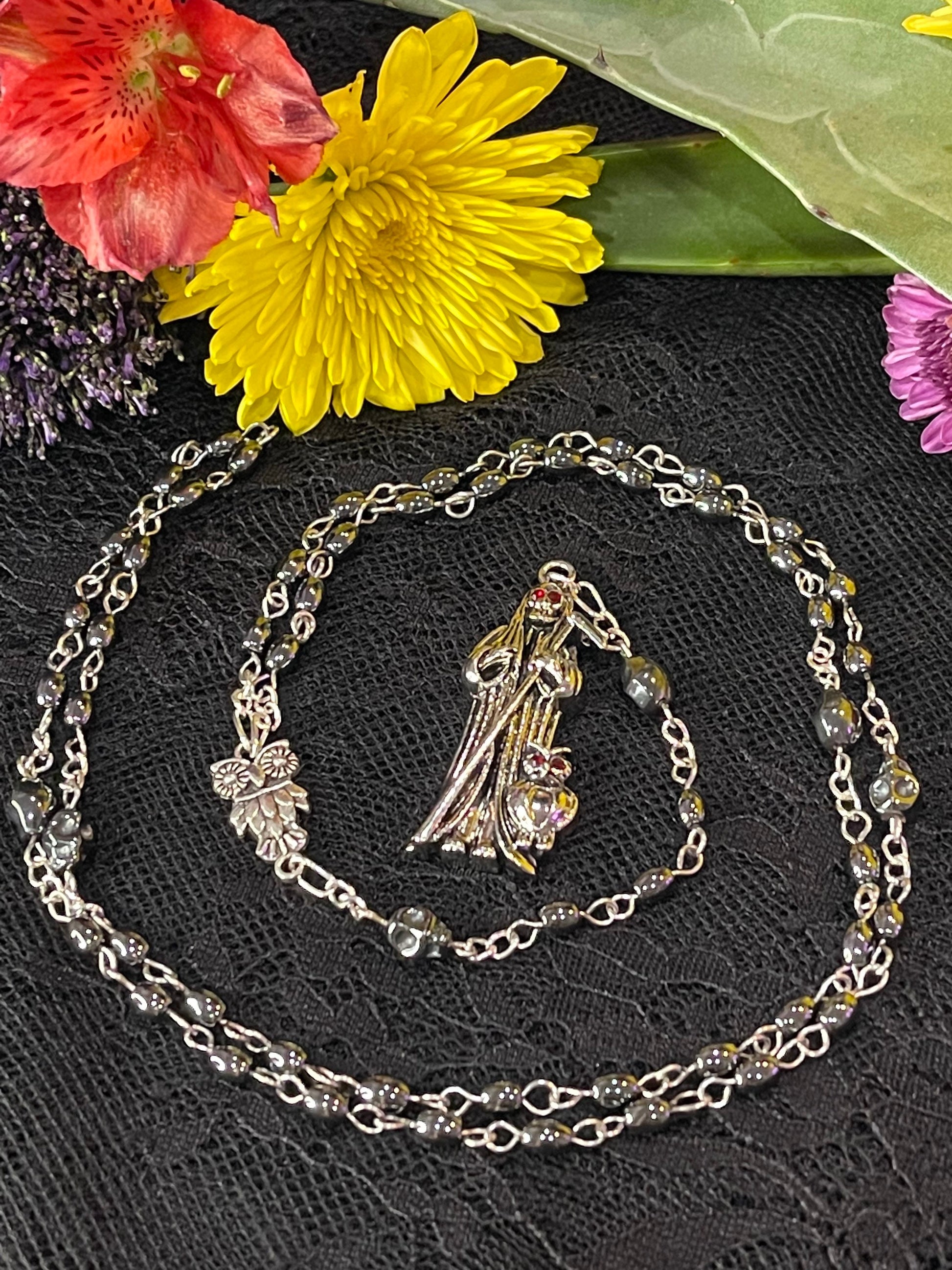 Santa Muerte Negra Hematite Rosary + Sterling Silver Plated Chain + Blessed + Handcrafted + Gemstone + Rosario