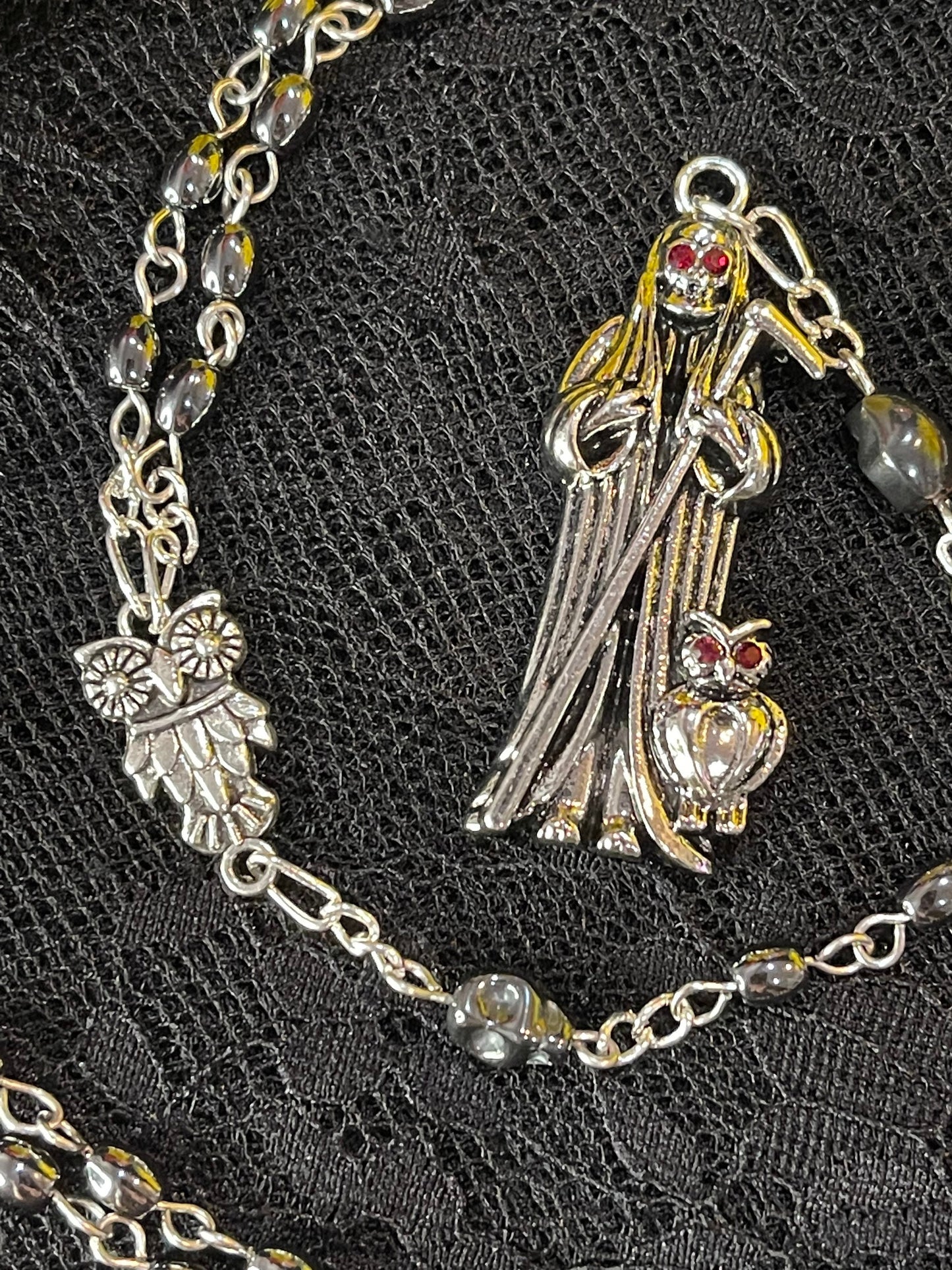 Santa Muerte Negra Hematite Rosary + Sterling Silver Plated Chain + Blessed + Handcrafted + Gemstone + Rosario