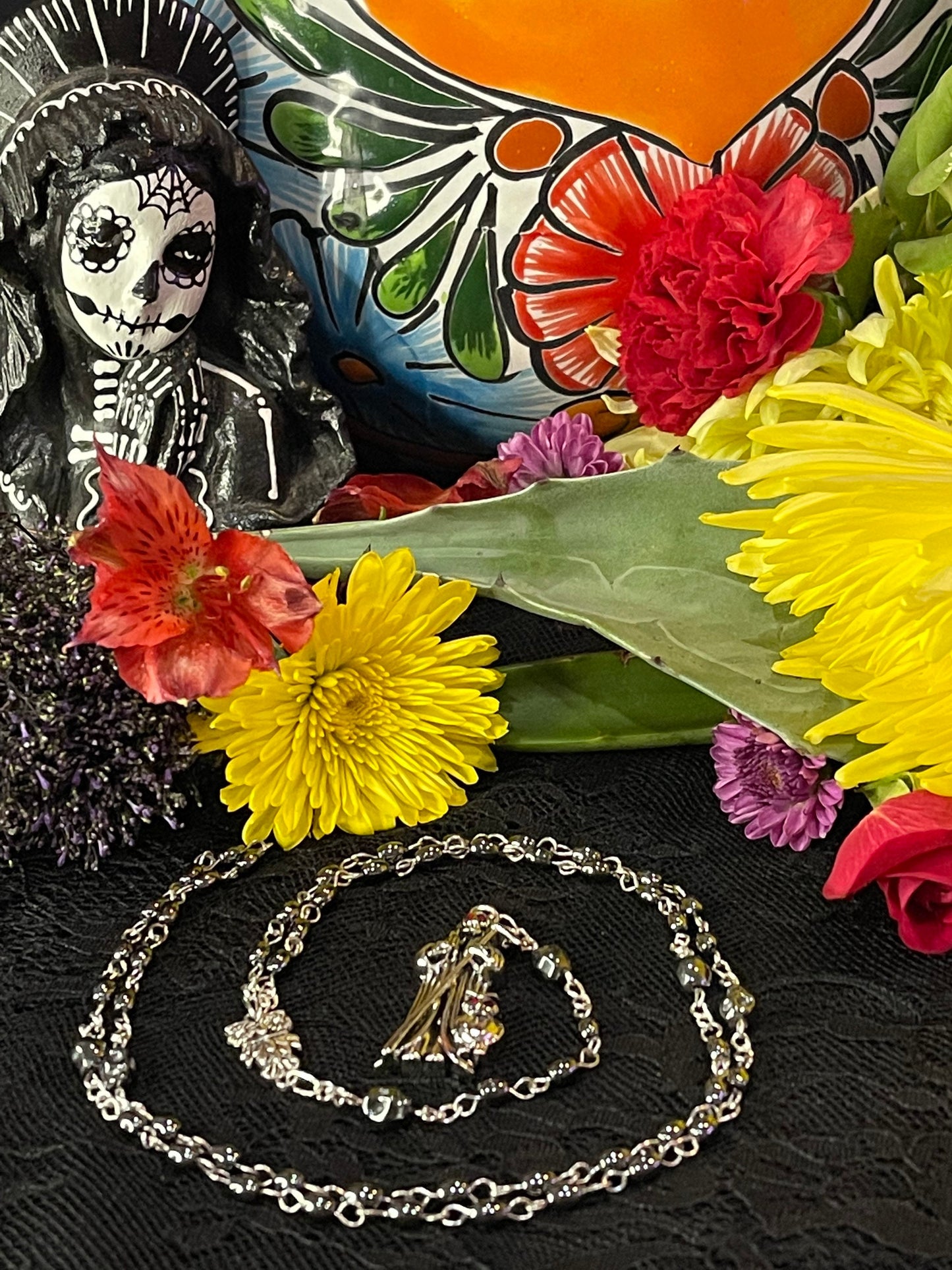 Santa Muerte Negra Hematite Rosary + Sterling Silver Plated Chain + Blessed + Handcrafted + Gemstone + Rosario