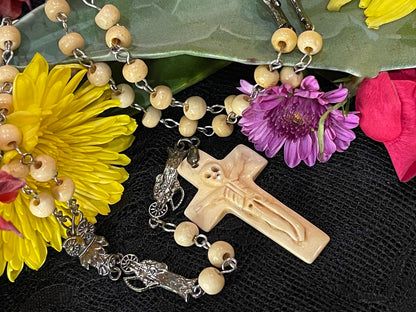 Santa Muerte Rosary with Bone Beads & Cross + Hueso + Blessed + Sterling Silver Plated Chain + Handcrafted + Rosario
