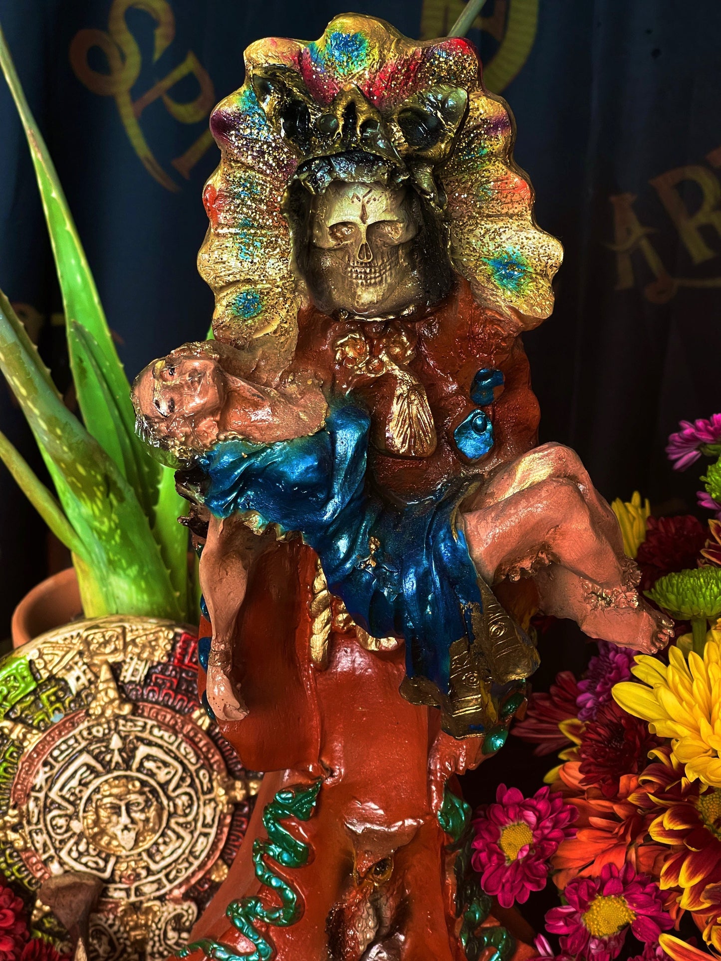 Santa Muerte Azteca Marron Statue + 24K Gold Leaf + Baptized + Fixed + Made in Mexico + Aztek