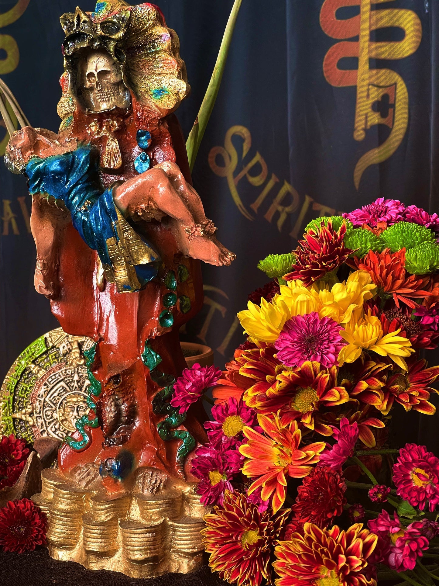 Santa Muerte Azteca Marron Statue + 24K Gold Leaf + Baptized + Fixed + Made in Mexico + Aztek