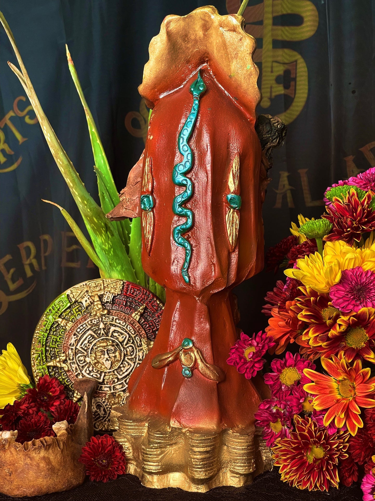 Santa Muerte Azteca Marron Statue + 24K Gold Leaf + Baptized + Fixed + Made in Mexico + Aztek
