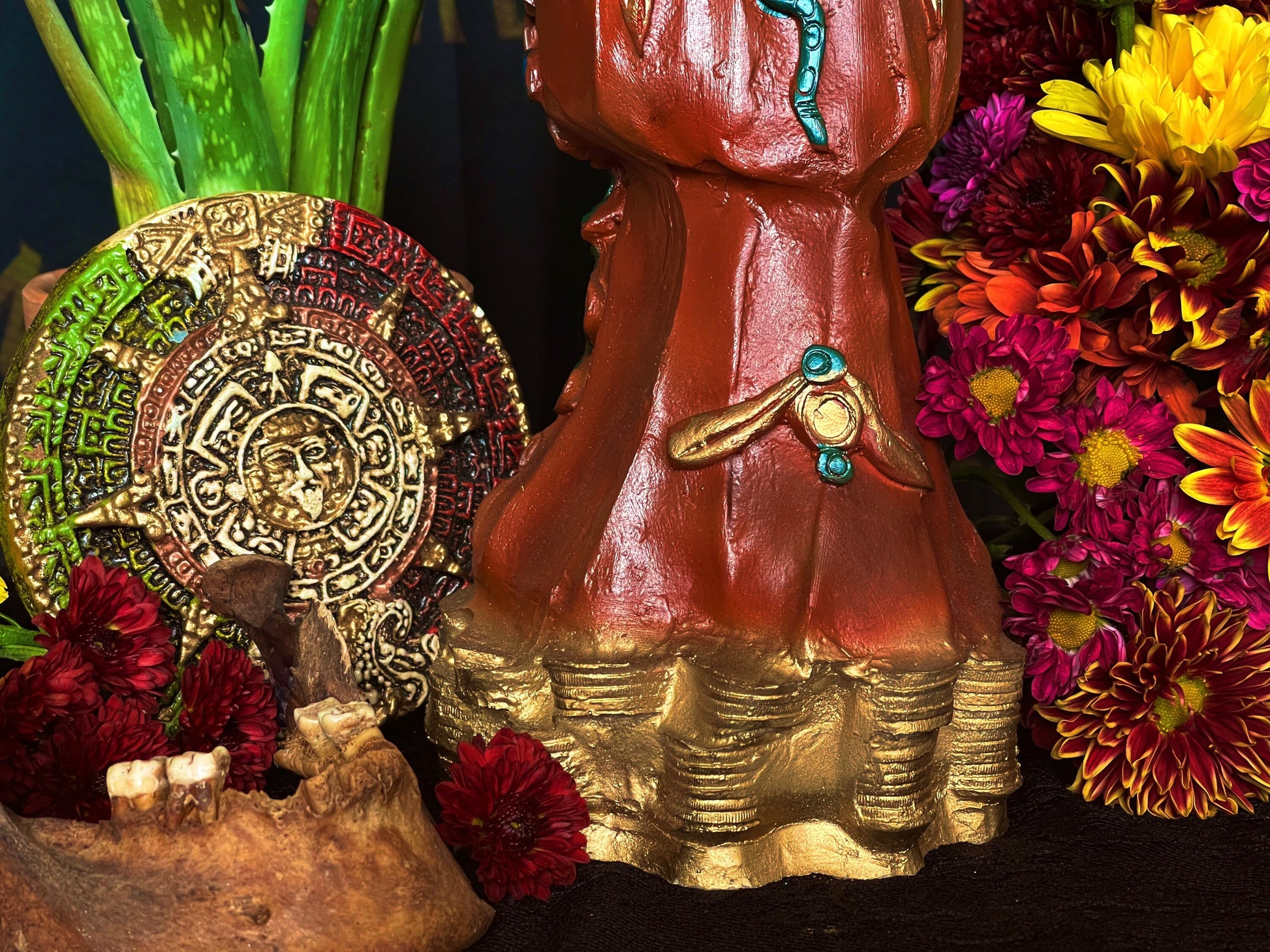 Santa Muerte Azteca Marron Statue + 24K Gold Leaf + Baptized + Fixed + Made in Mexico + Aztek