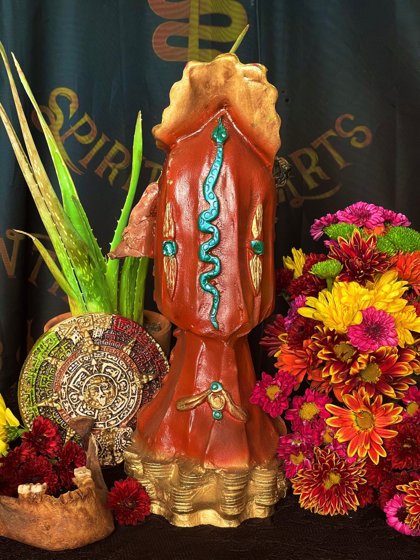 Santa Muerte Azteca Marron Statue + 24K Gold Leaf + Baptized + Fixed + Made in Mexico + Aztek