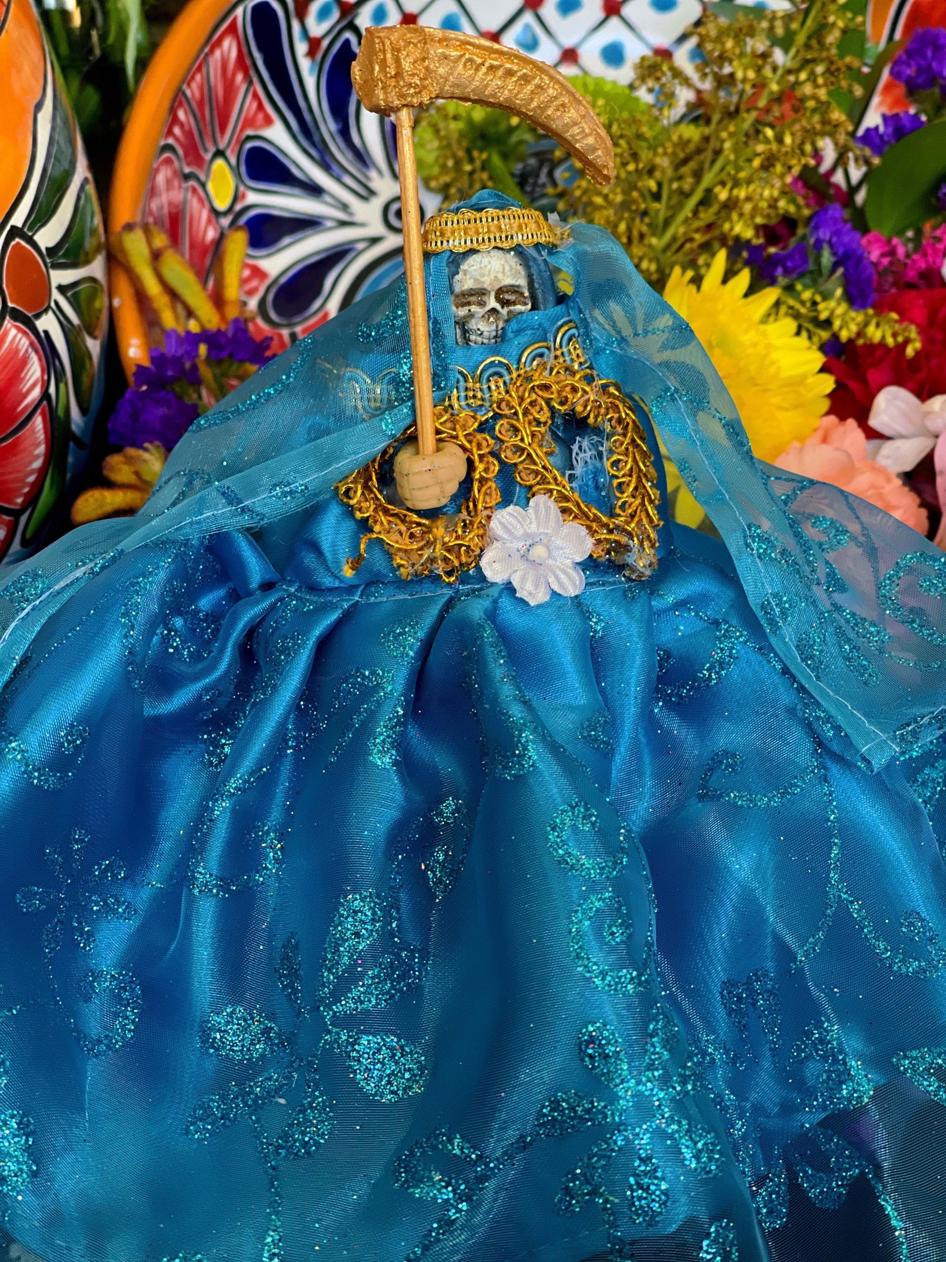 Santa Muerte Azul / Blue Statue with Dress + 24K Gold + Baptized + Fixed + Made in Mexico