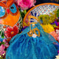 Santa Muerte Azul / Blue Statue with Dress + 24K Gold + Baptized + Fixed + Made in Mexico