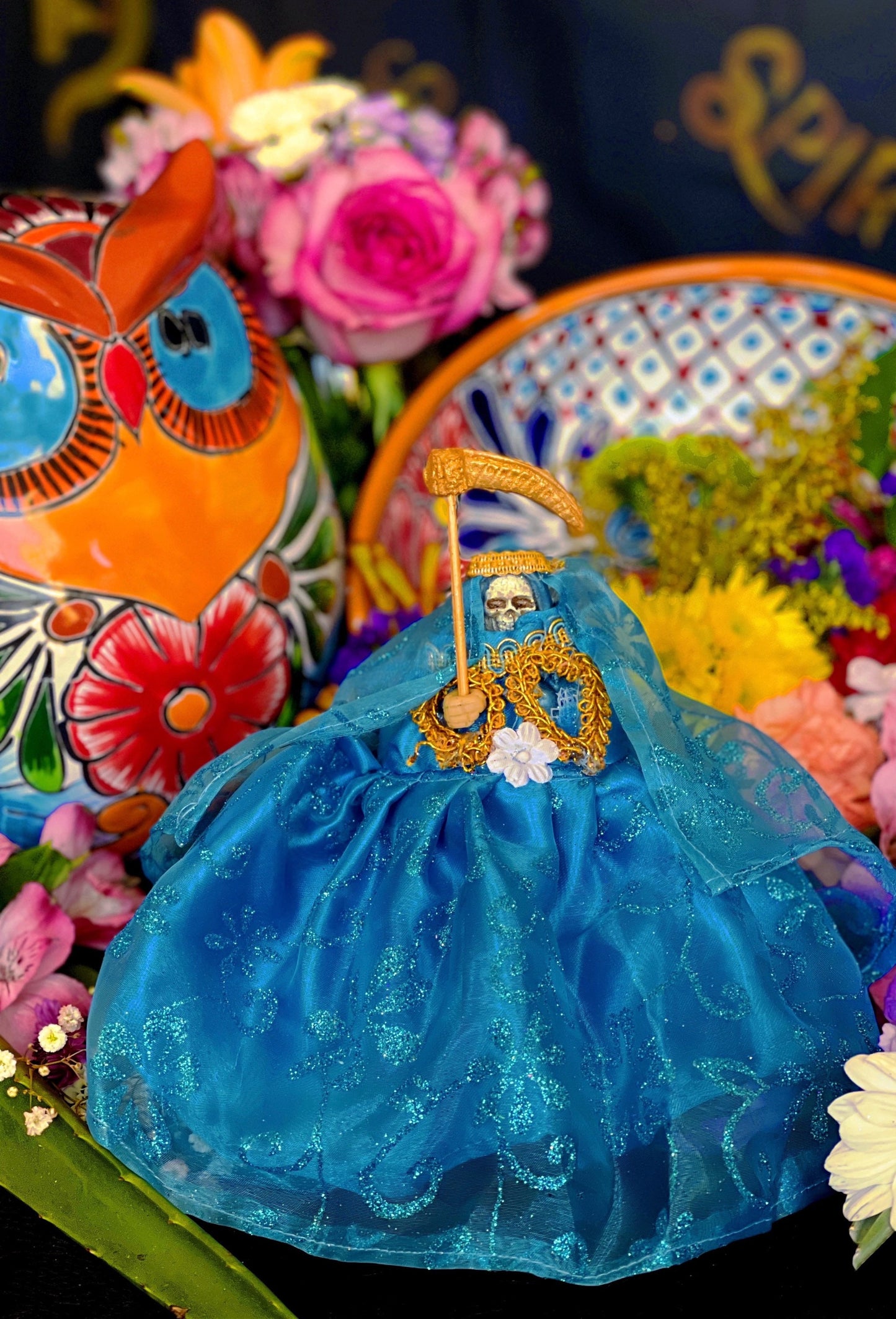 Santa Muerte Azul / Blue Statue with Dress + 24K Gold + Baptized + Fixed + Made in Mexico