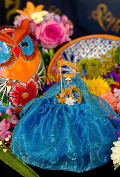 Santa Muerte Azul / Blue Statue with Dress + 24K Gold + Baptized + Fixed + Made in Mexico