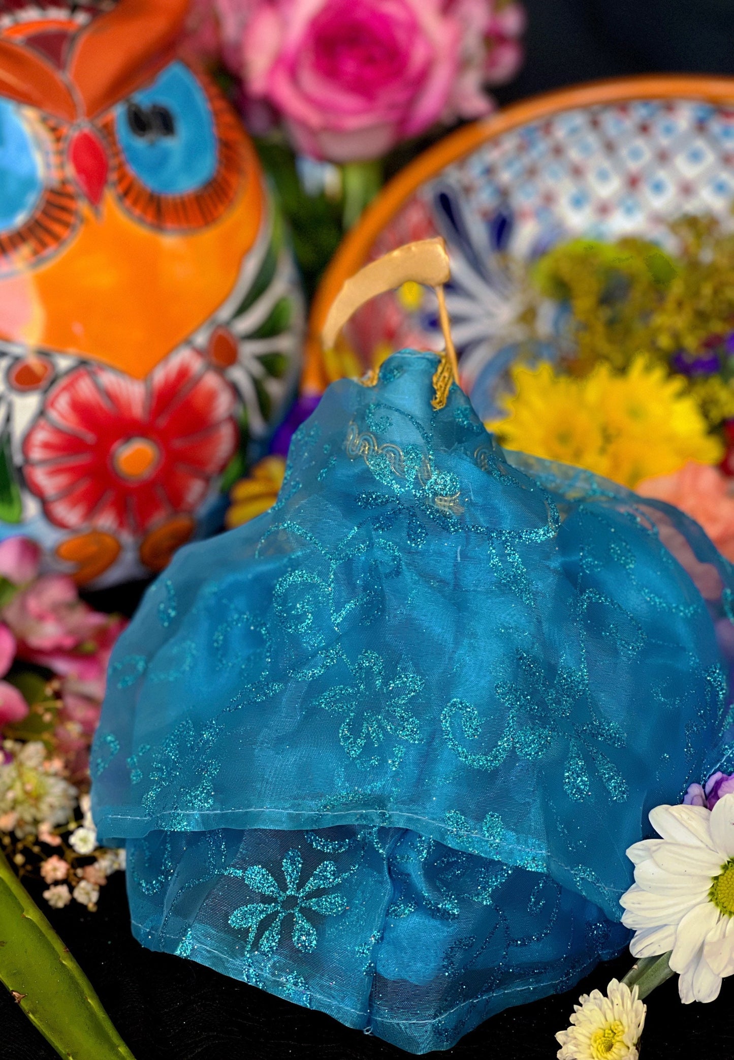 Santa Muerte Azul / Blue Statue with Dress + 24K Gold + Baptized + Fixed + Made in Mexico
