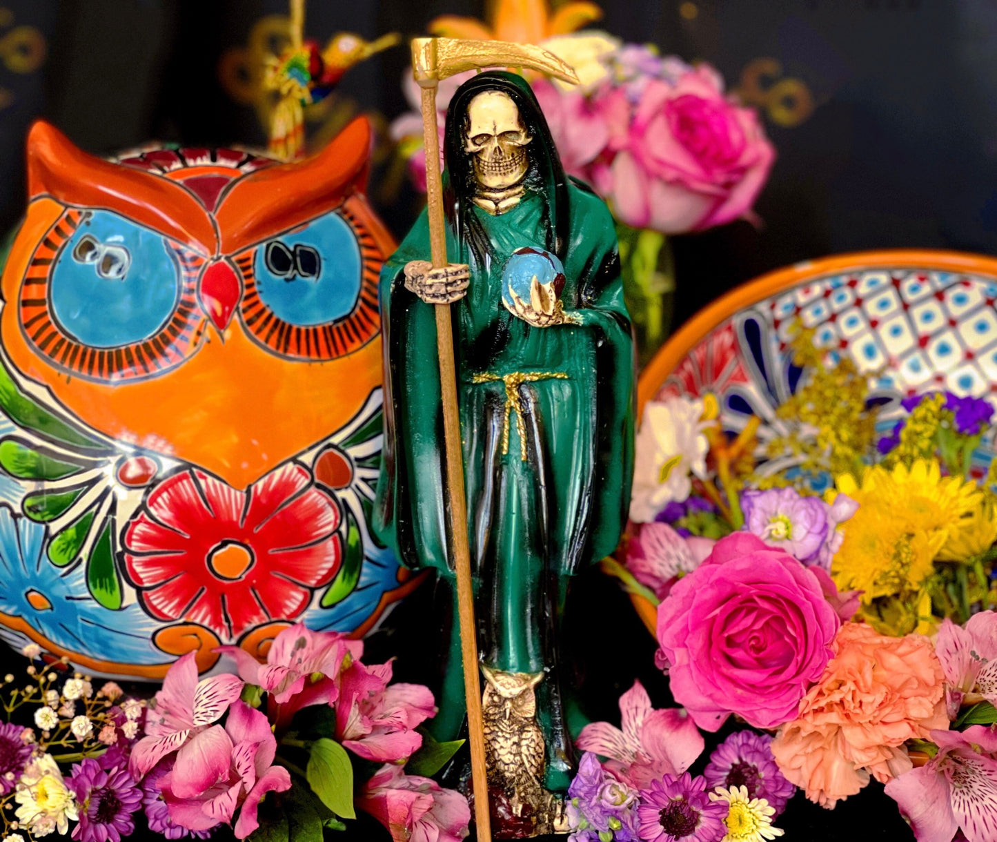 12” Santa Muerte Verde Statue with Dress + Green + Money + Legal Issues + Justice + Baptized + Fixed + Made in Mexico + 24K Gold Leaf