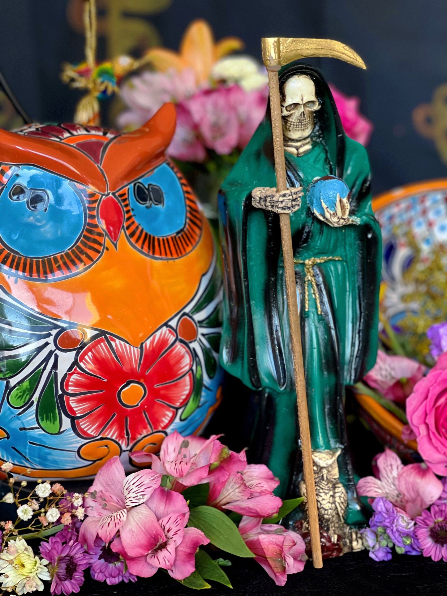 12” Santa Muerte Verde Statue with Dress + Green + Money + Legal Issues + Justice + Baptized + Fixed + Made in Mexico + 24K Gold Leaf