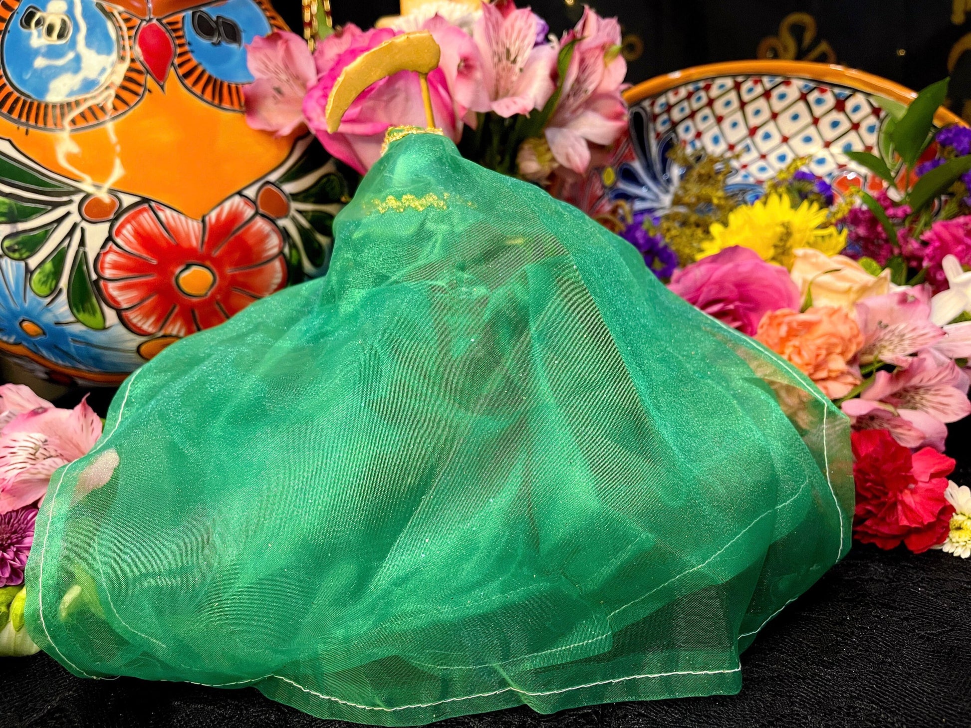Santa Muerte Verde Statue with Dress + Green + Money + Legal Issues + Justice + Baptized + Fixed + Made in Mexico + 24K Gold Leaf on Scythe