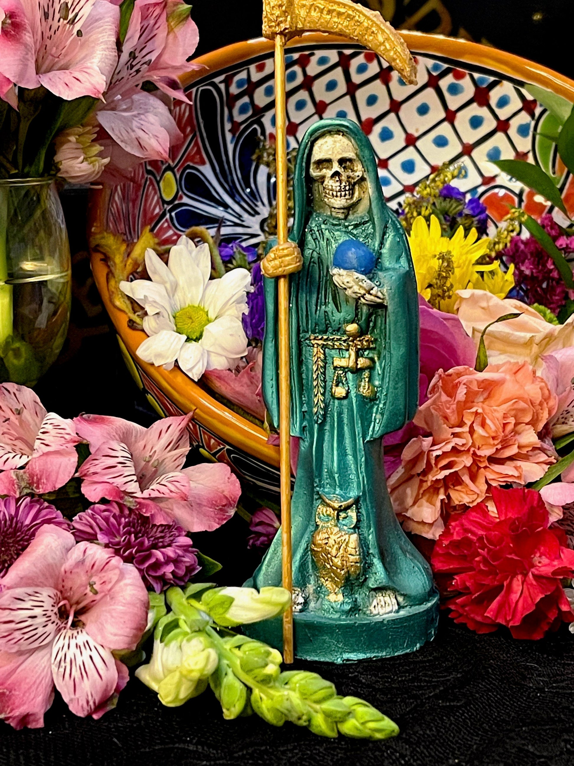 Santa Muerte Verde Statue with Dress + Green + Money + Legal Issues + Justice + Baptized + Fixed + Made in Mexico + 24K Gold Leaf on Scythe