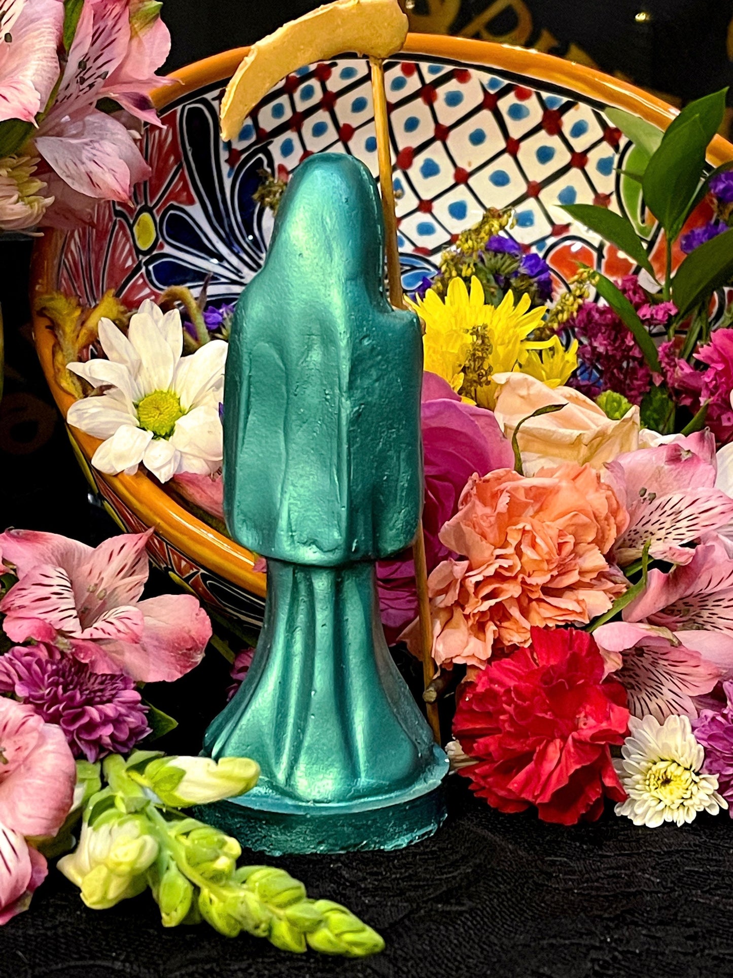 Santa Muerte Verde Statue with Dress + Green + Money + Legal Issues + Justice + Baptized + Fixed + Made in Mexico + 24K Gold Leaf on Scythe