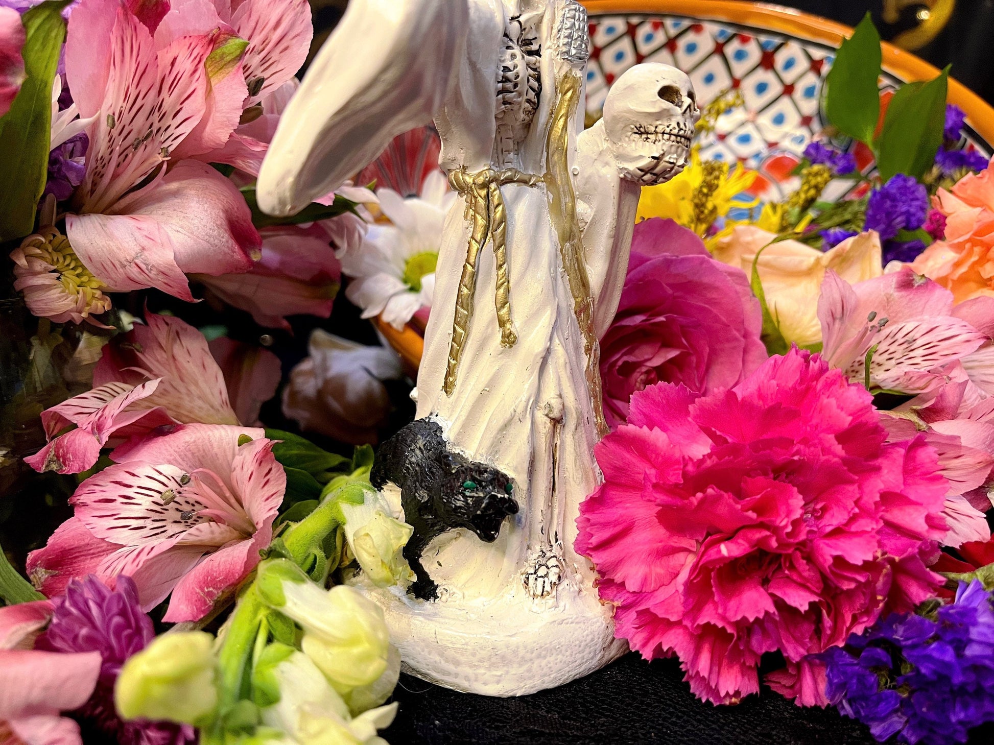 Santa Muerte Blanca Chalice & Black Cat Statue + Sterling Silver + Baptized + Fixed + Made in Mexico + Gato Negro