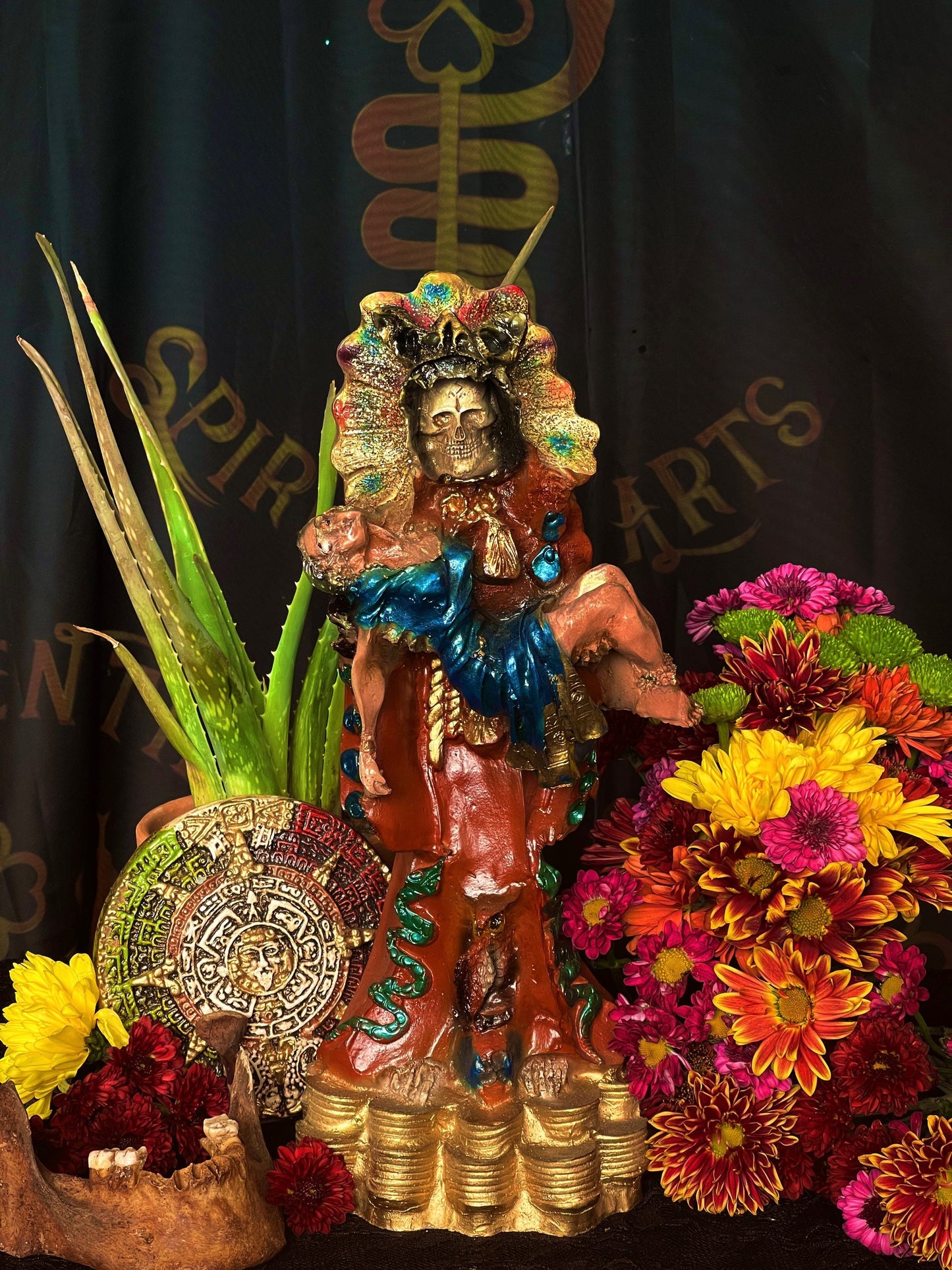 Santa Muerte Azteca Marron Statue + 24K Gold Leaf + Baptized + Fixed + Made in Mexico + Aztek