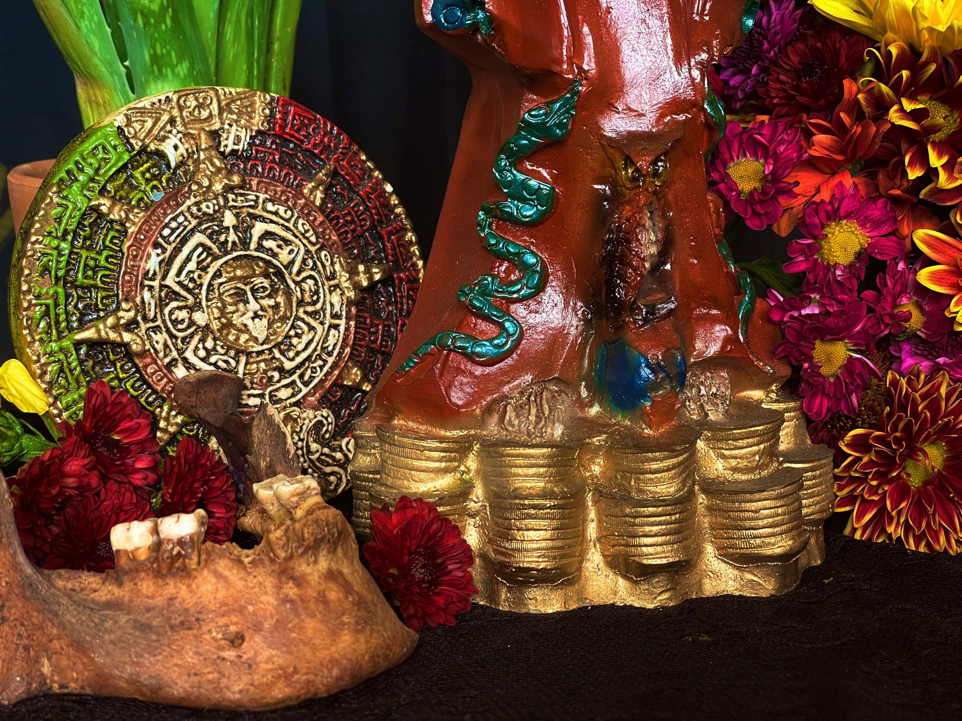 Santa Muerte Azteca Marron Statue + 24K Gold Leaf + Baptized + Fixed + Made in Mexico + Aztek