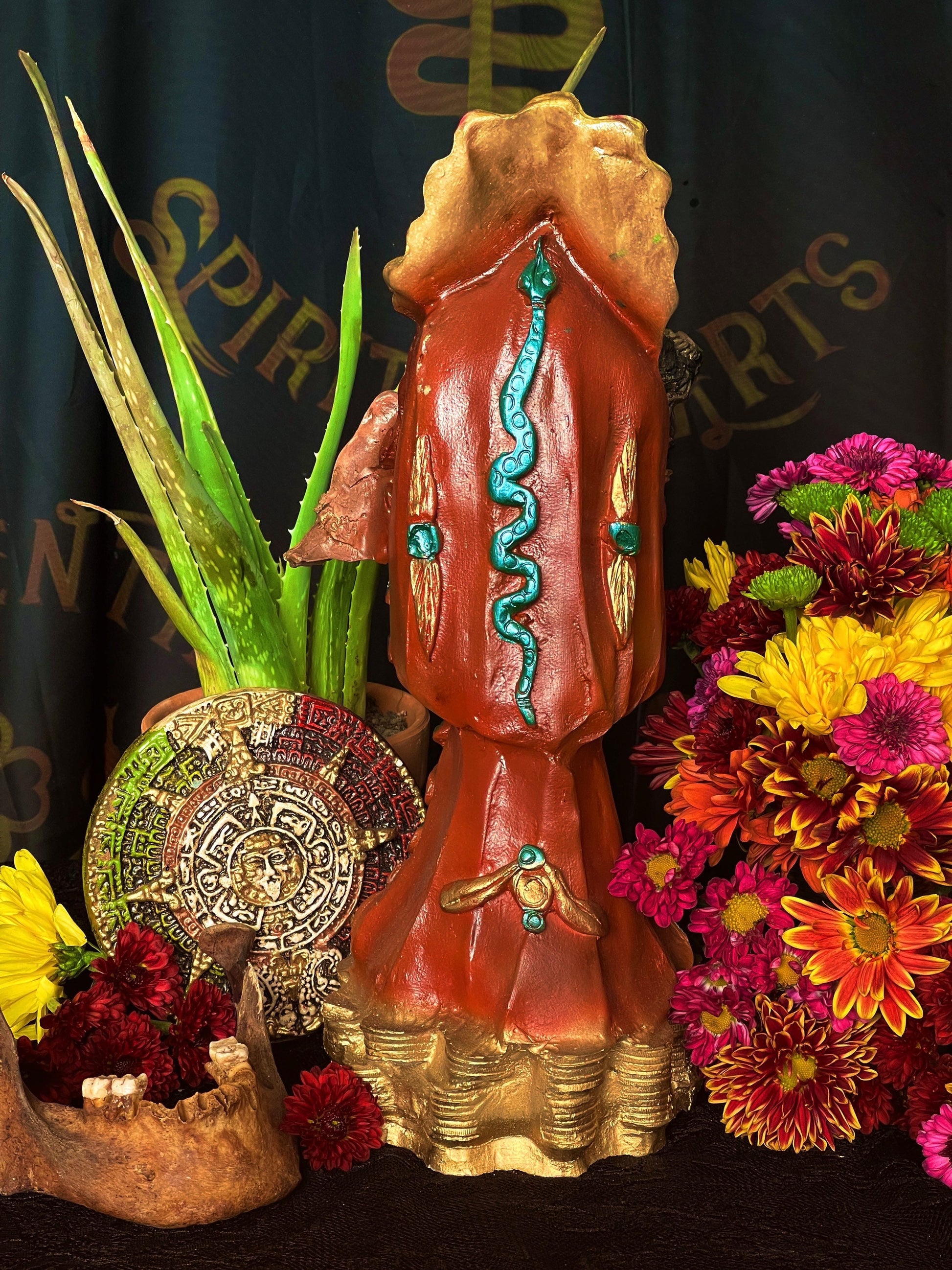 Santa Muerte Azteca Marron Statue + 24K Gold Leaf + Baptized + Fixed + Made in Mexico + Aztek