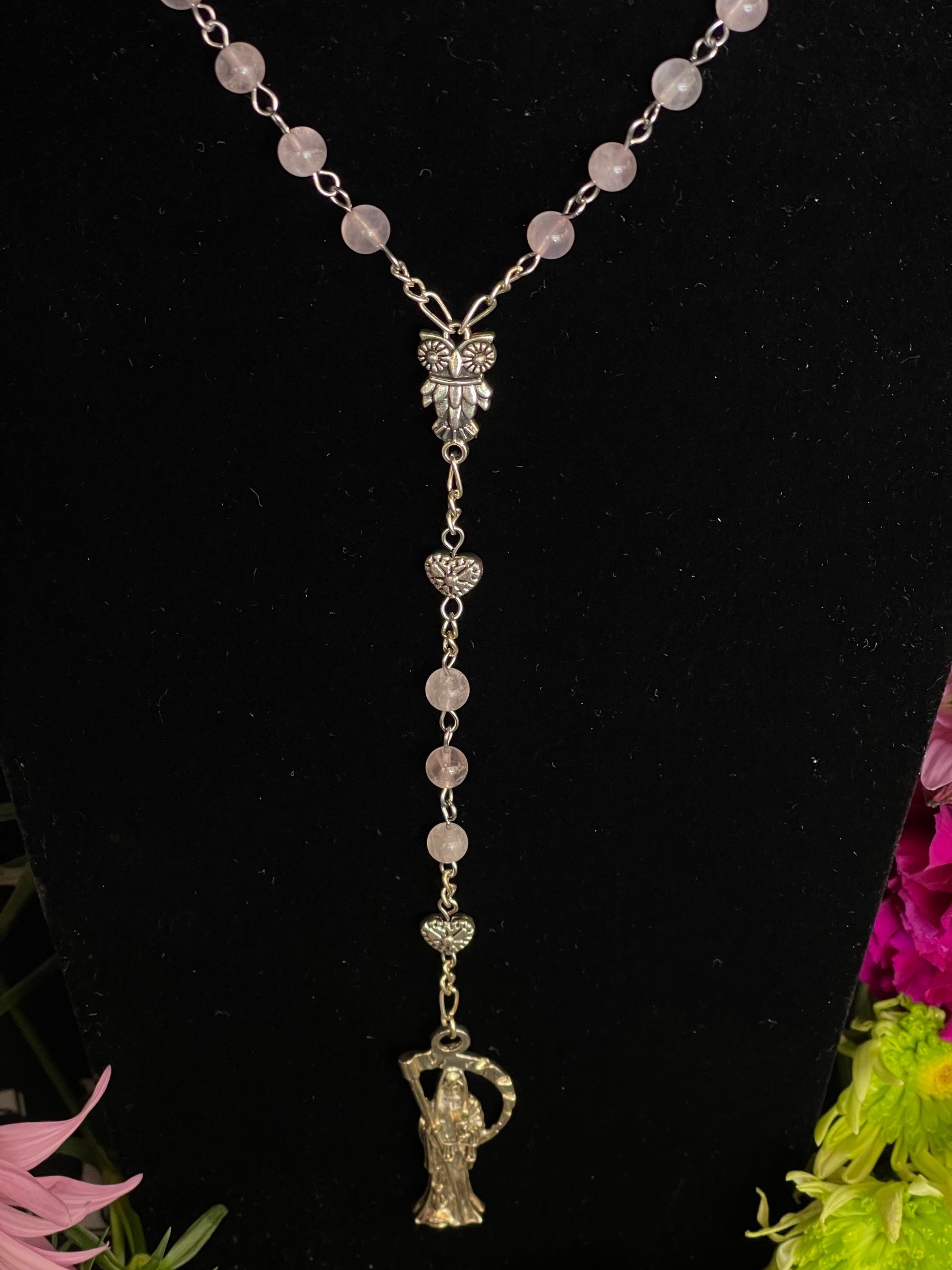 Santa Muerte Rosada Rosary + Love + Rose Quartz + Pink + Sterling Silver Plated Chain + Handcrafted + Gemstone + Rosario
