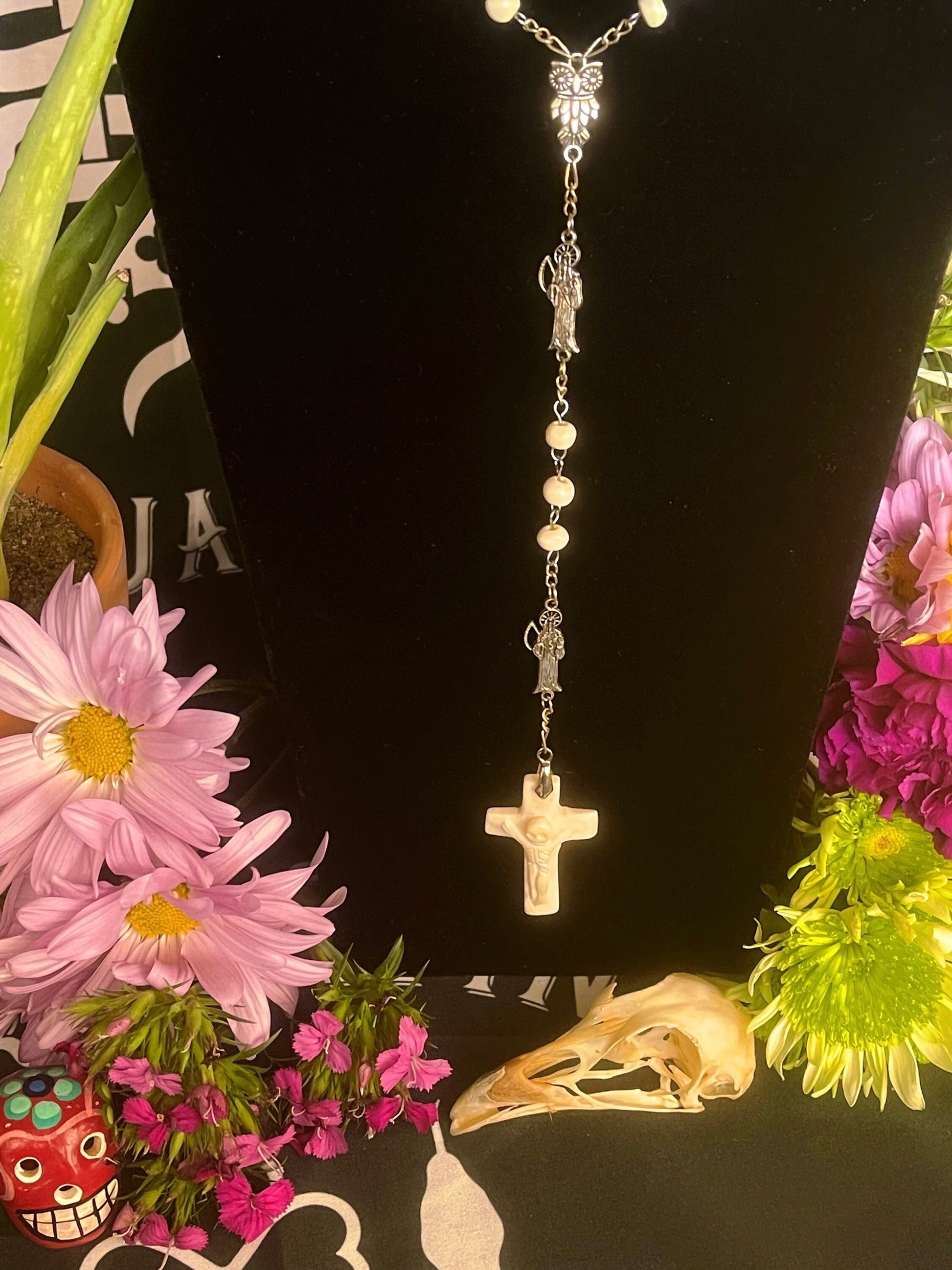 Santa Muerte Rosary with Bone Beads & Cross + Blessed + Sterling Silver Plated Chain + Handcrafted + Rosario